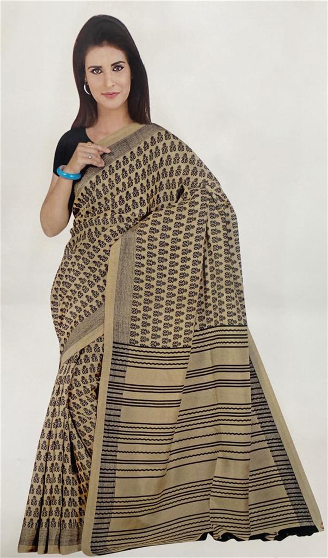 Beige Digital Print Cotton Sarees