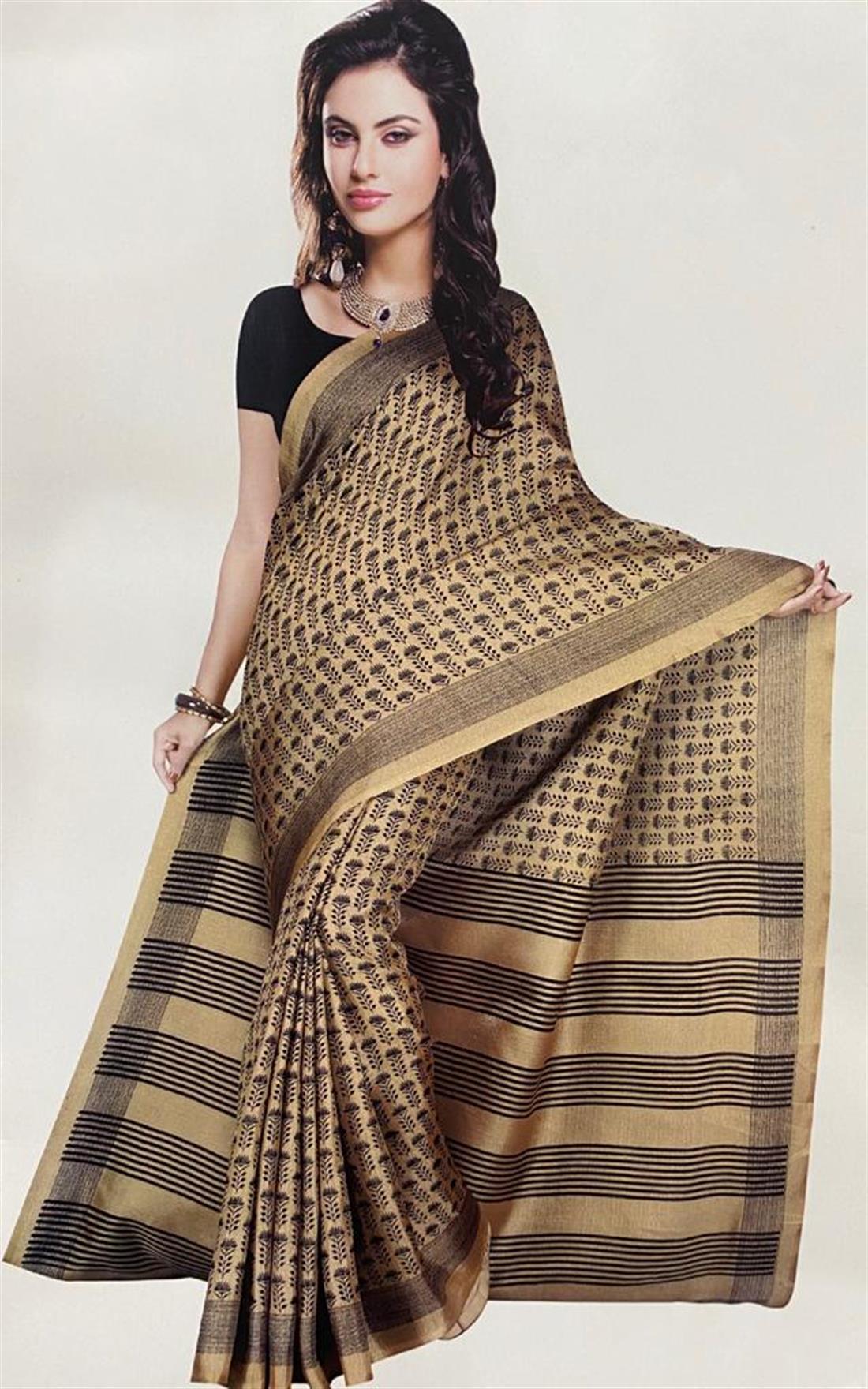 Beige Digital Print Cotton Sarees