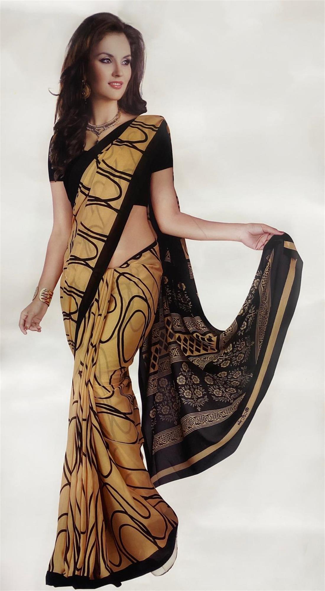 Beige & Black Digital Print Georgette Sarees