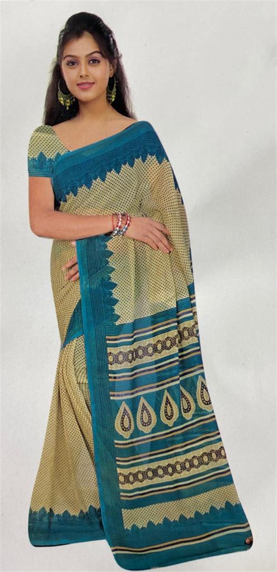 Gold & Turquoise LATEST: Digital Printed Georgette Without Blouse.