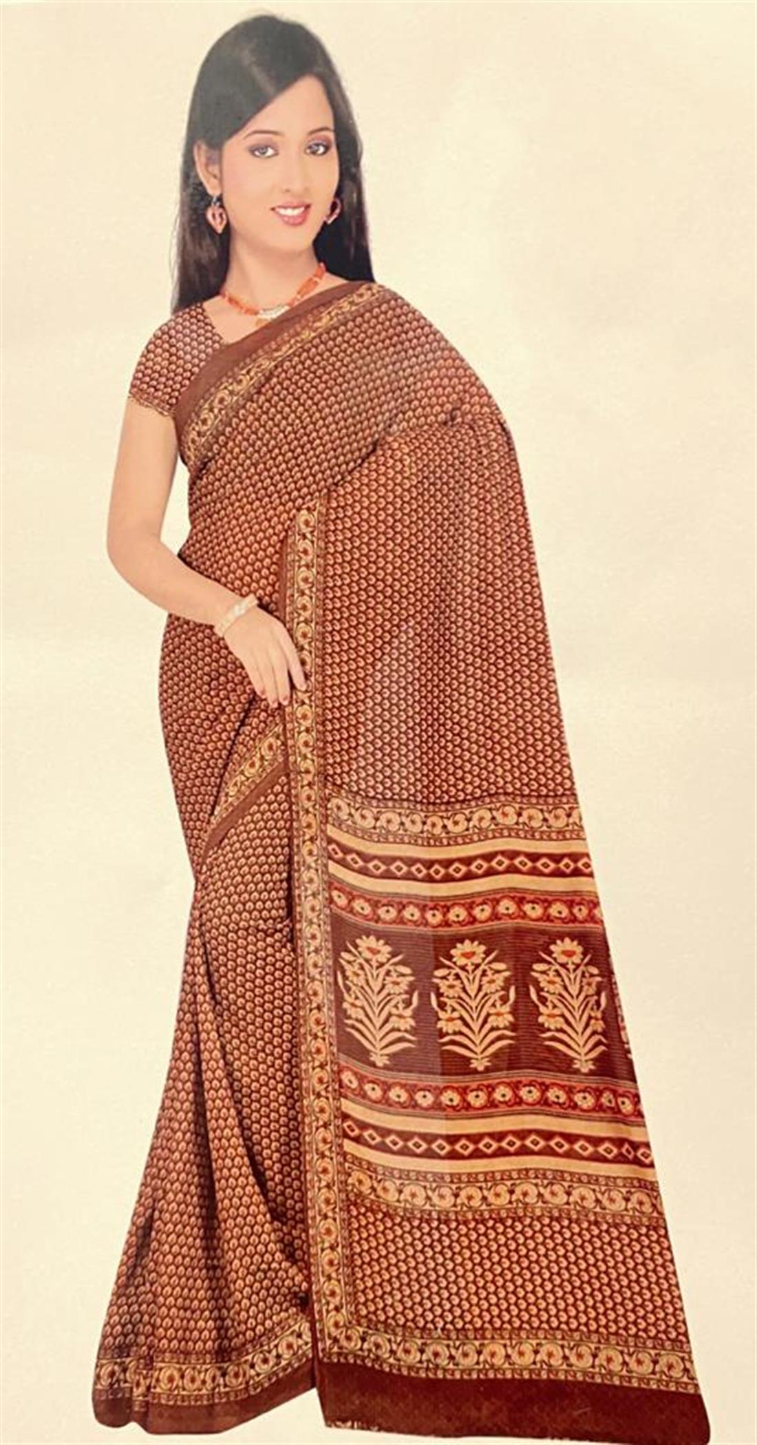 Brown LATEST: Digital Printed Georgette Without Blouse.