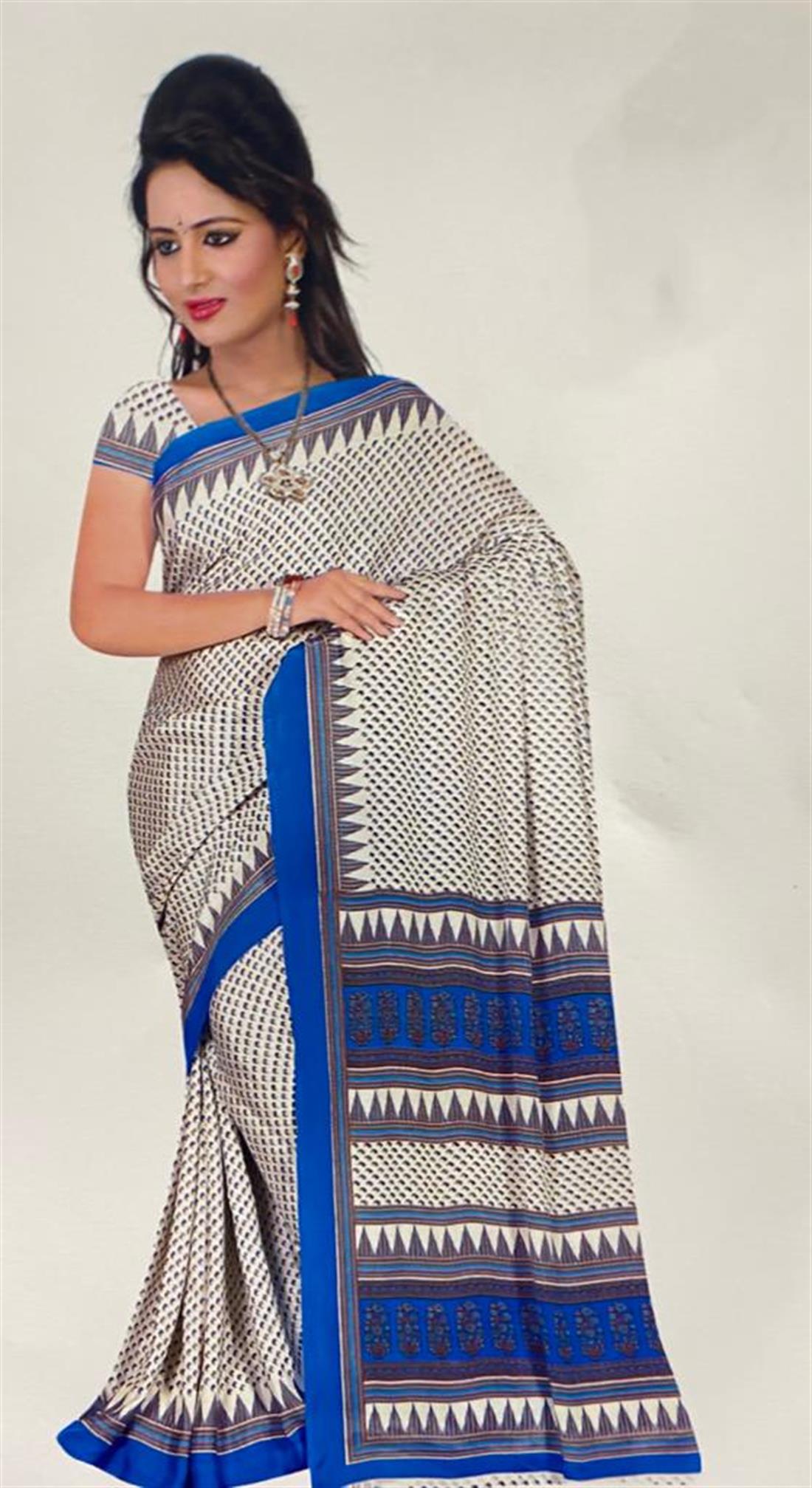 White & Blue Digital Print Satin Sarees