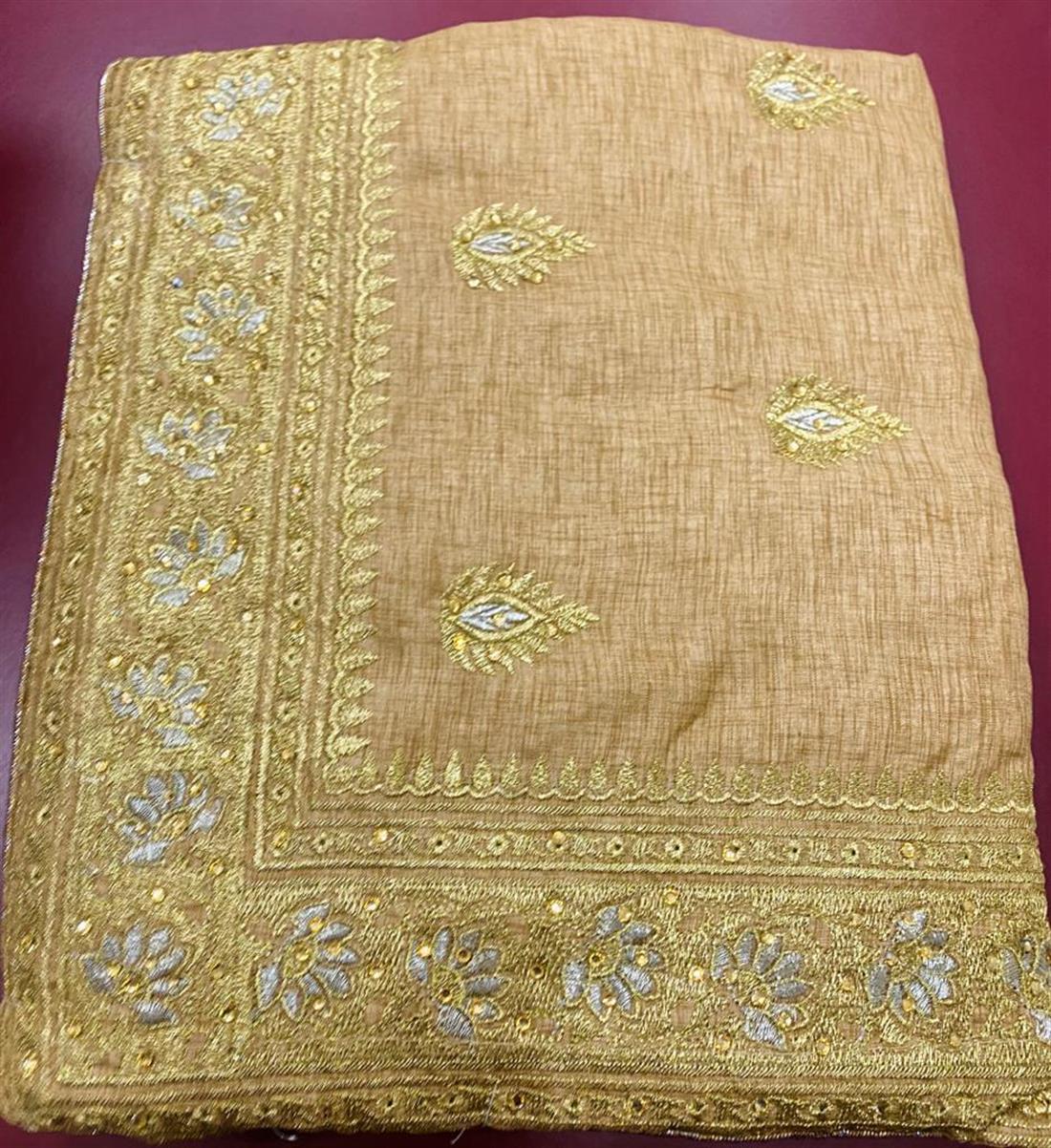 Beige Stone Work Stunning Cotton Silk Saree with Thread Embroidery