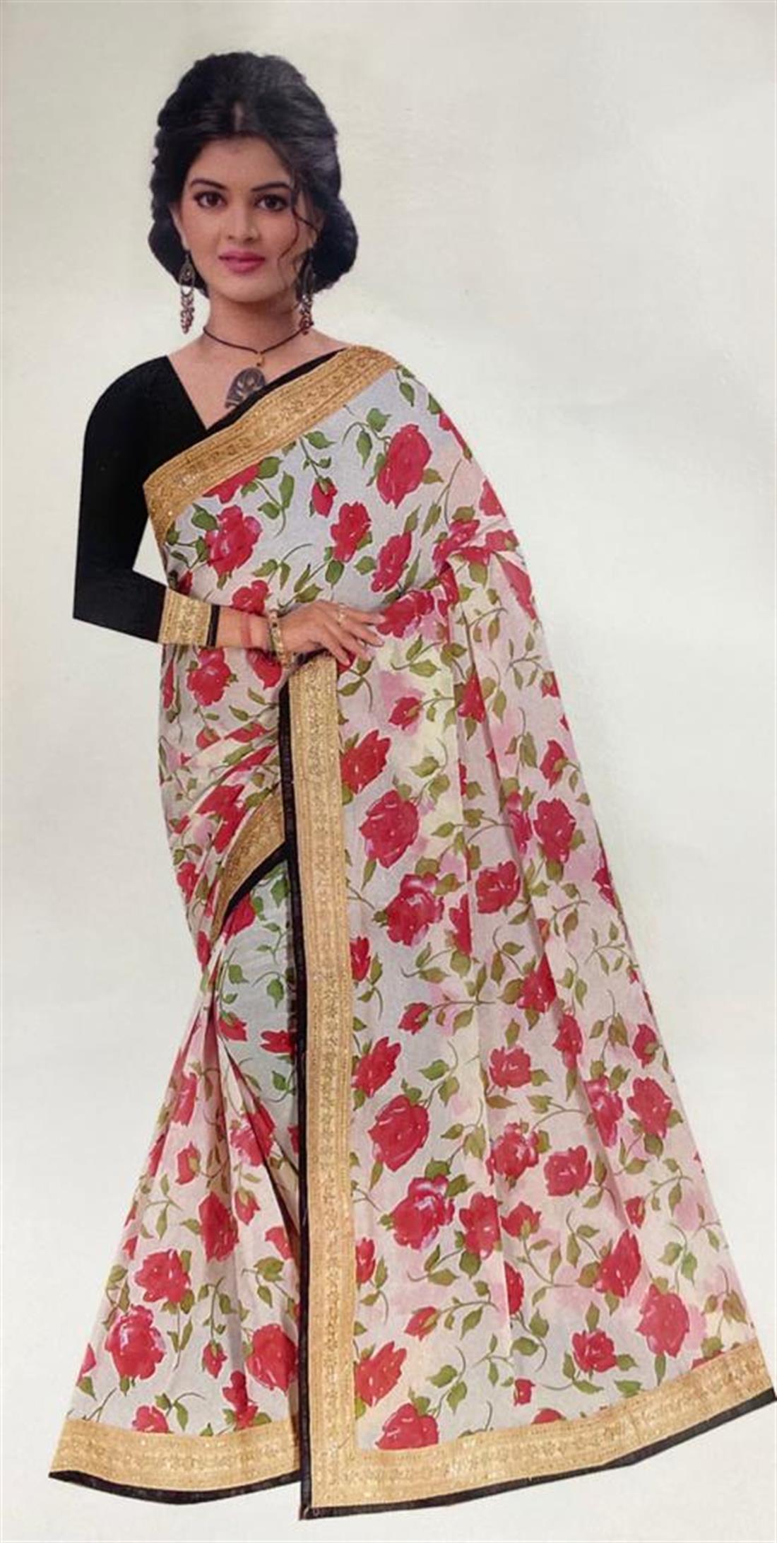 Off White Printed Georgette Sarees