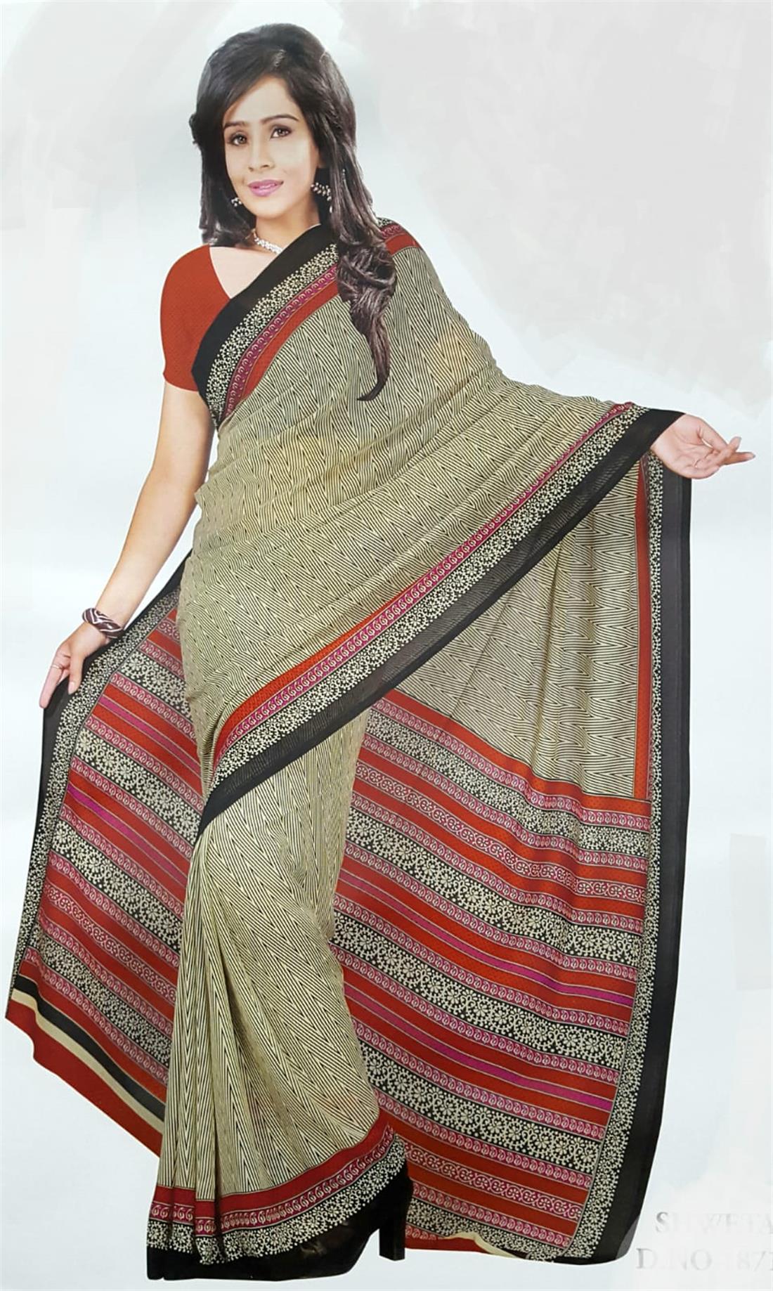 Cream & Red Digital Print Georgette Sarees