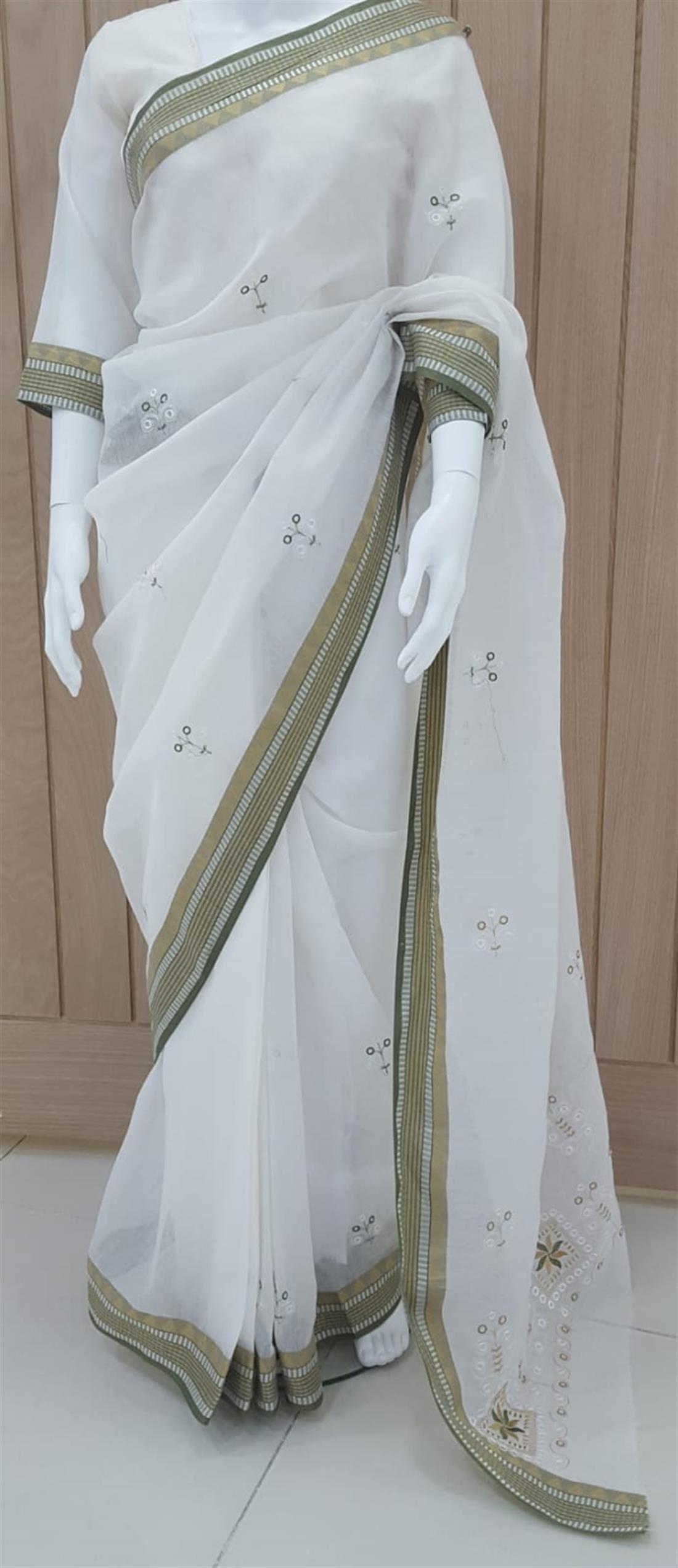 White & Mehendi Green Embroidered Cotton Sarees