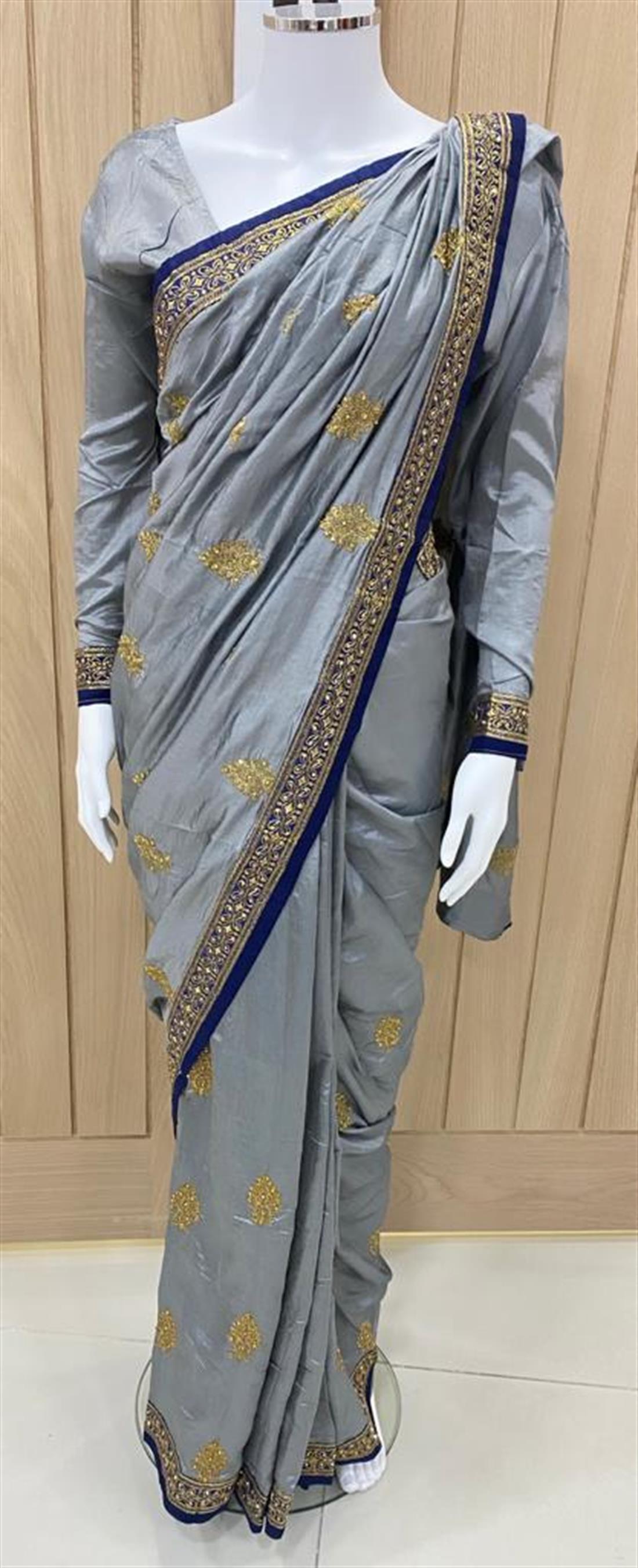 Grey & Navy Stone Work Silk Sarees