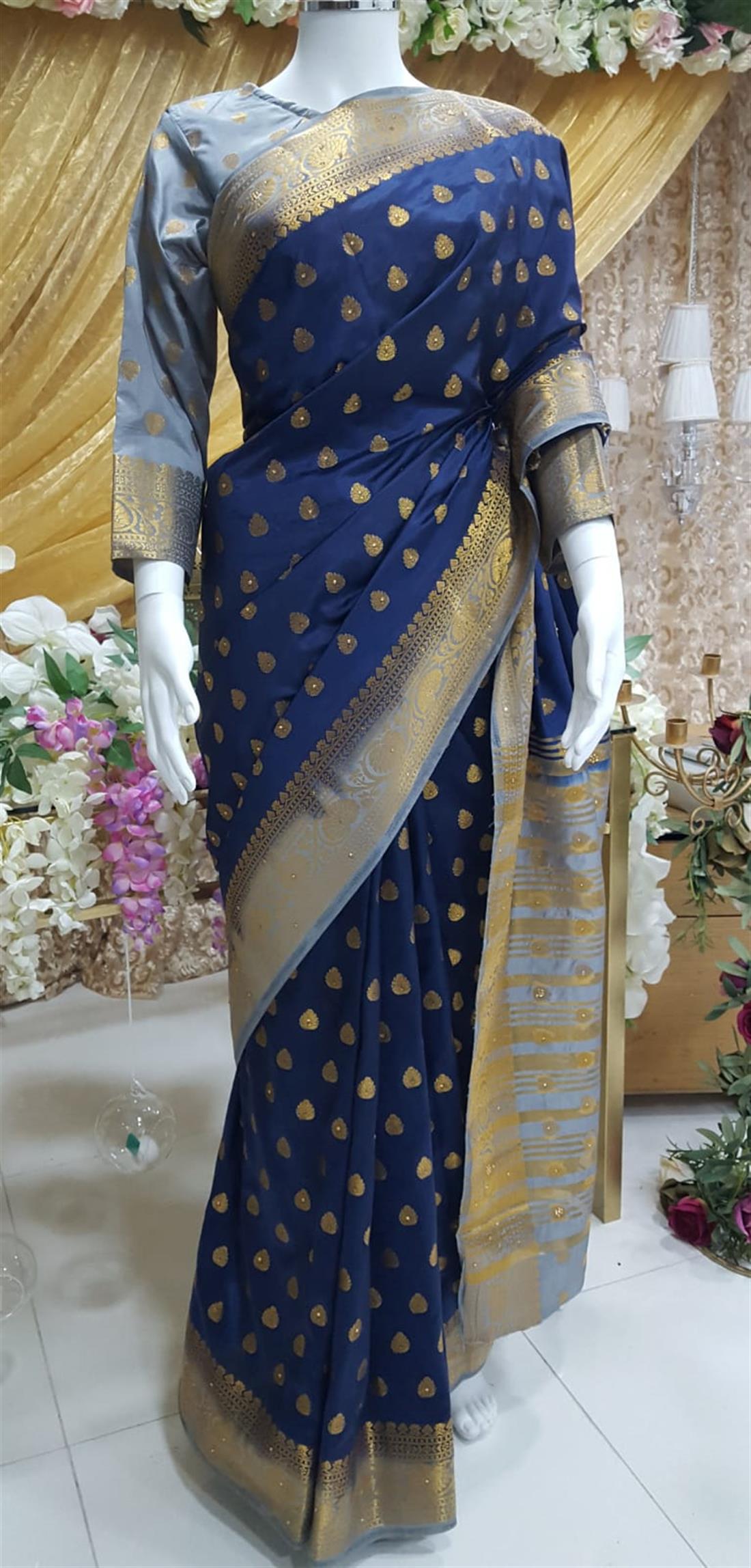 Navy & Grey Stone Work Banarasi Sarees