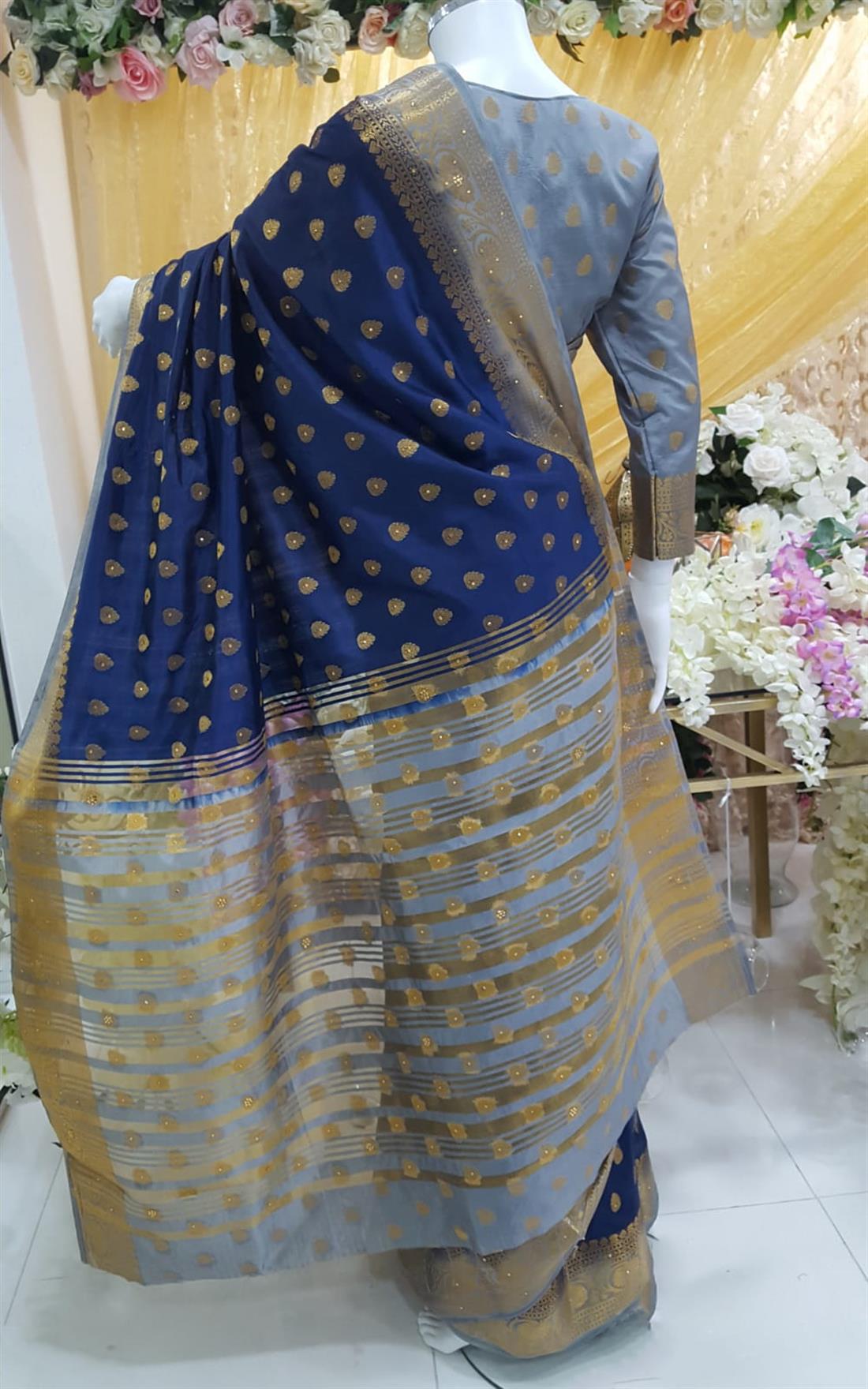 Navy & Grey Stone Work Banarasi Sarees