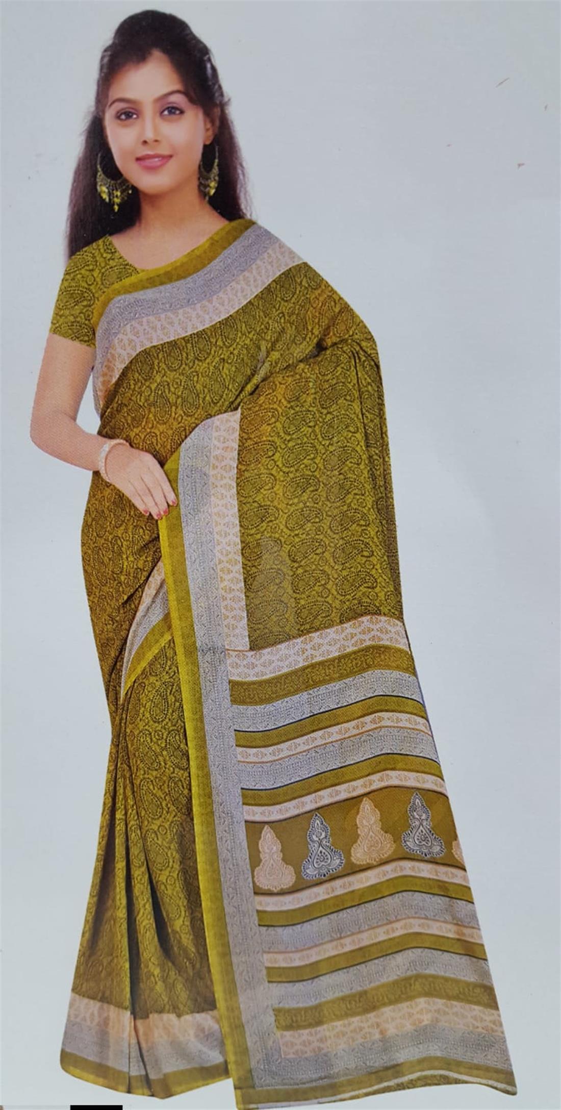Lime Green Digital Print Georgette Sarees
