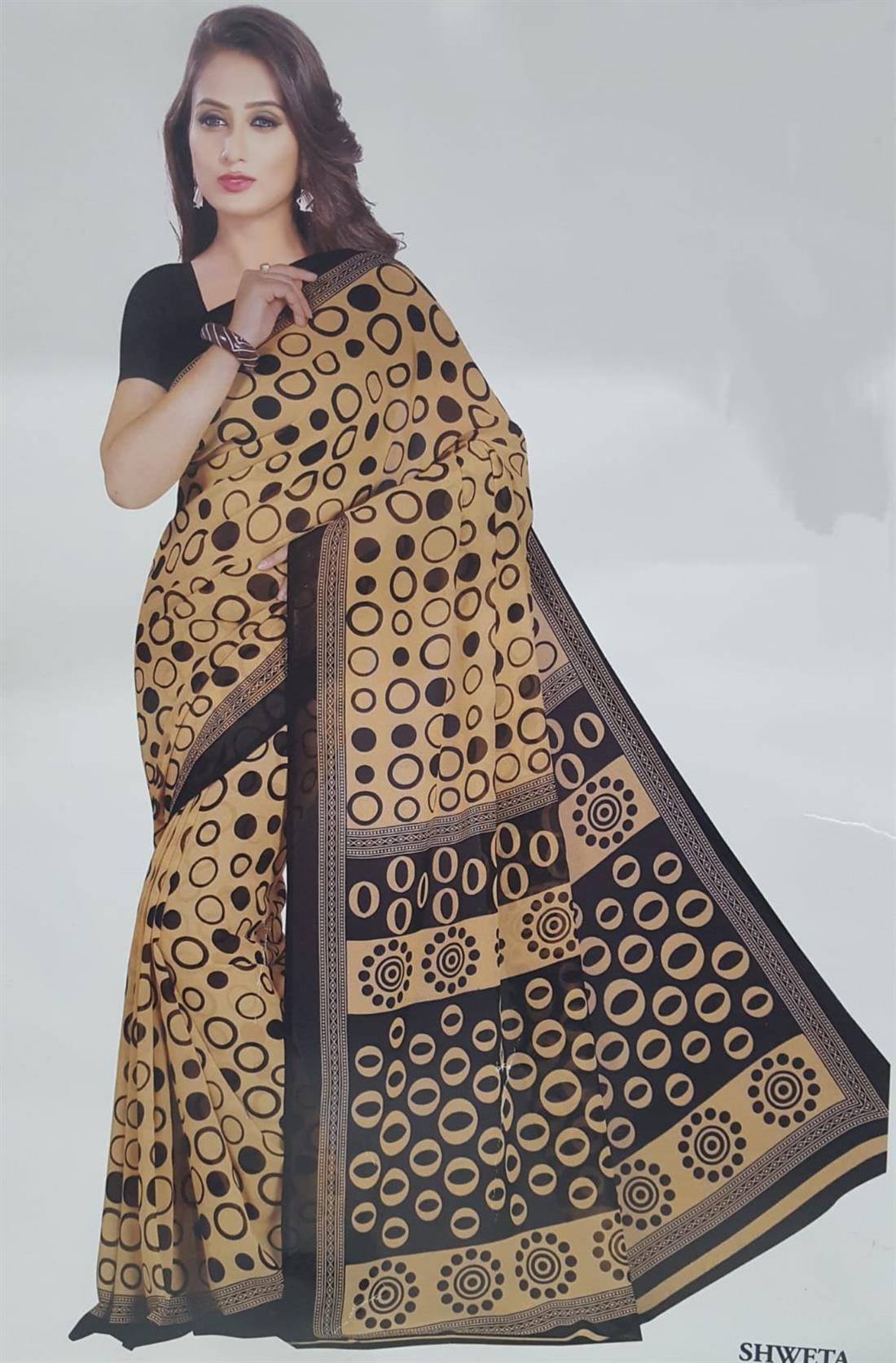 Beige & Black Digital Print Georgette Sarees