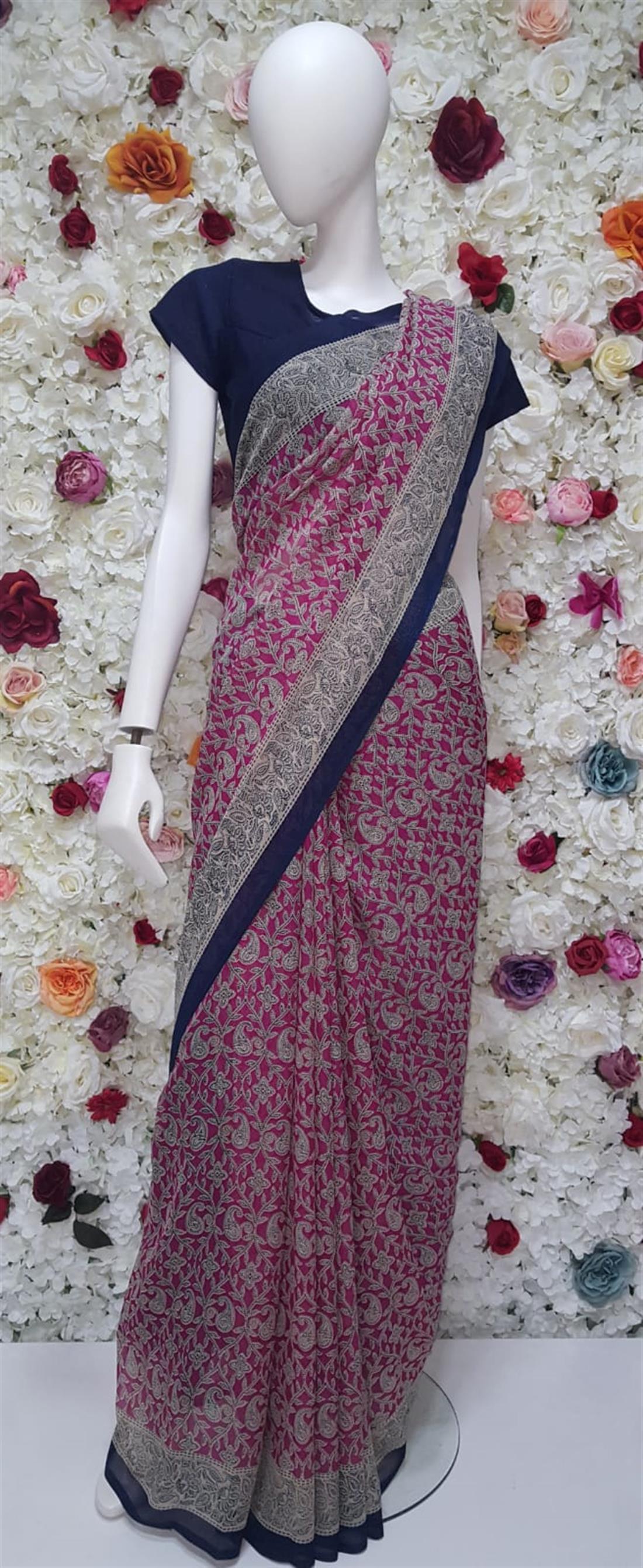 Fuschia & Navy Digital Print Georgette Sarees