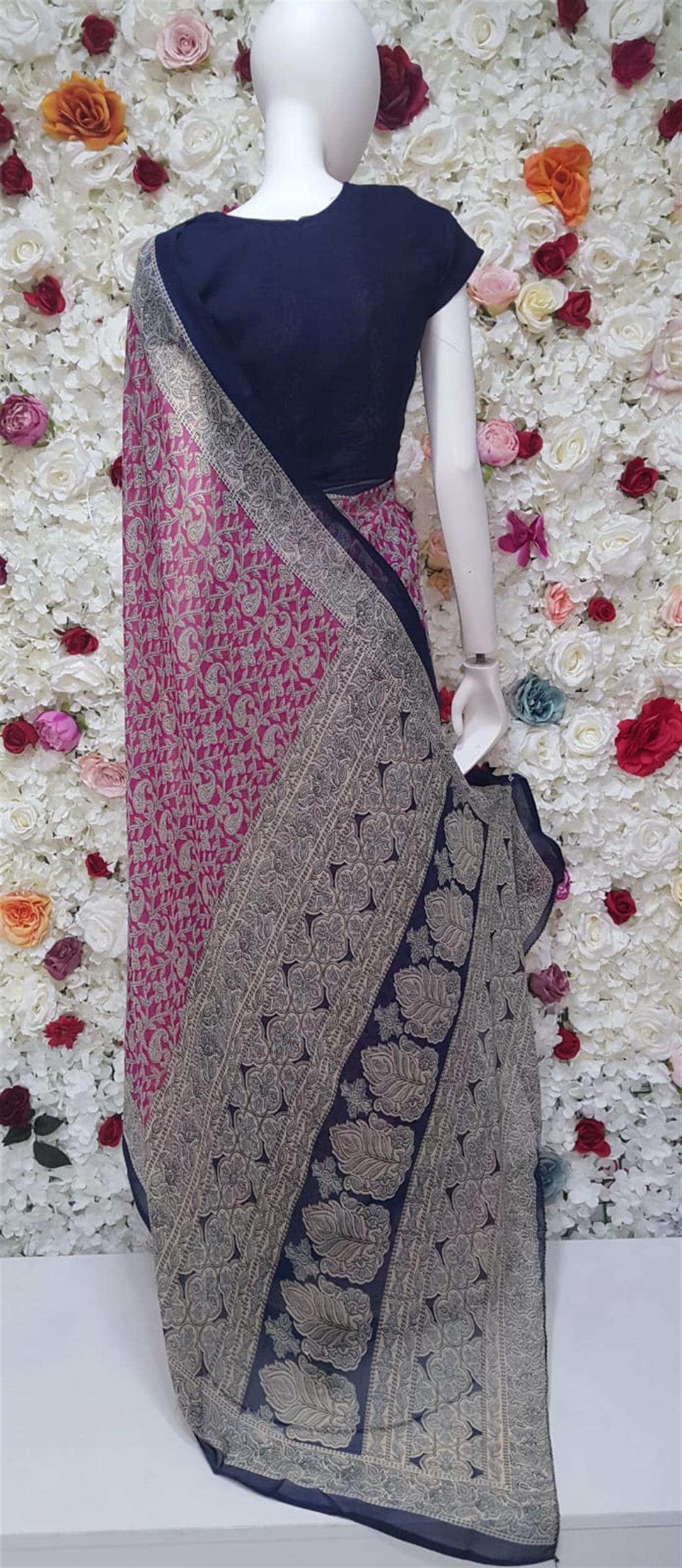 Fuschia & Navy Digital Print Georgette Sarees