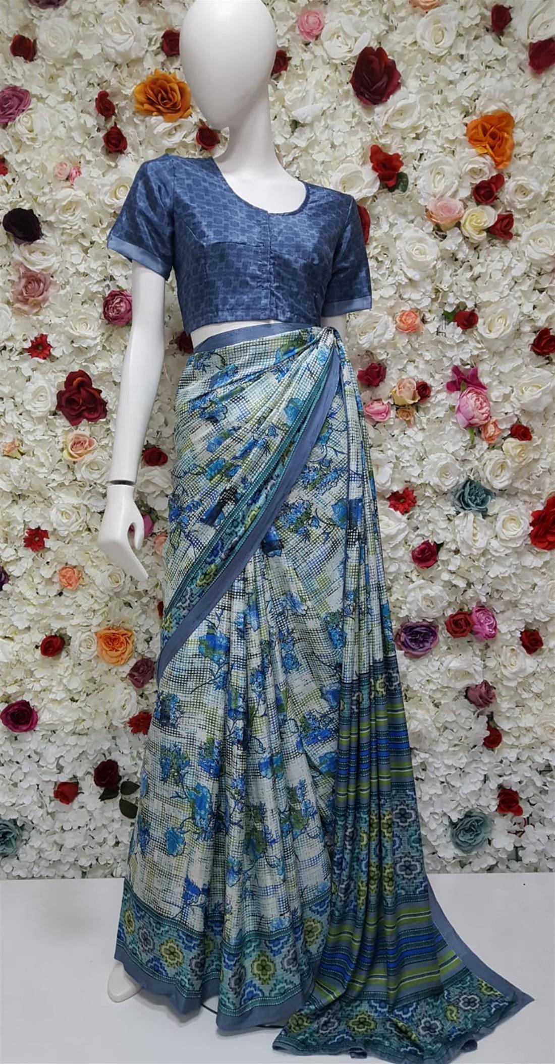 Grey & Multicolour Digital Print Silk Sarees