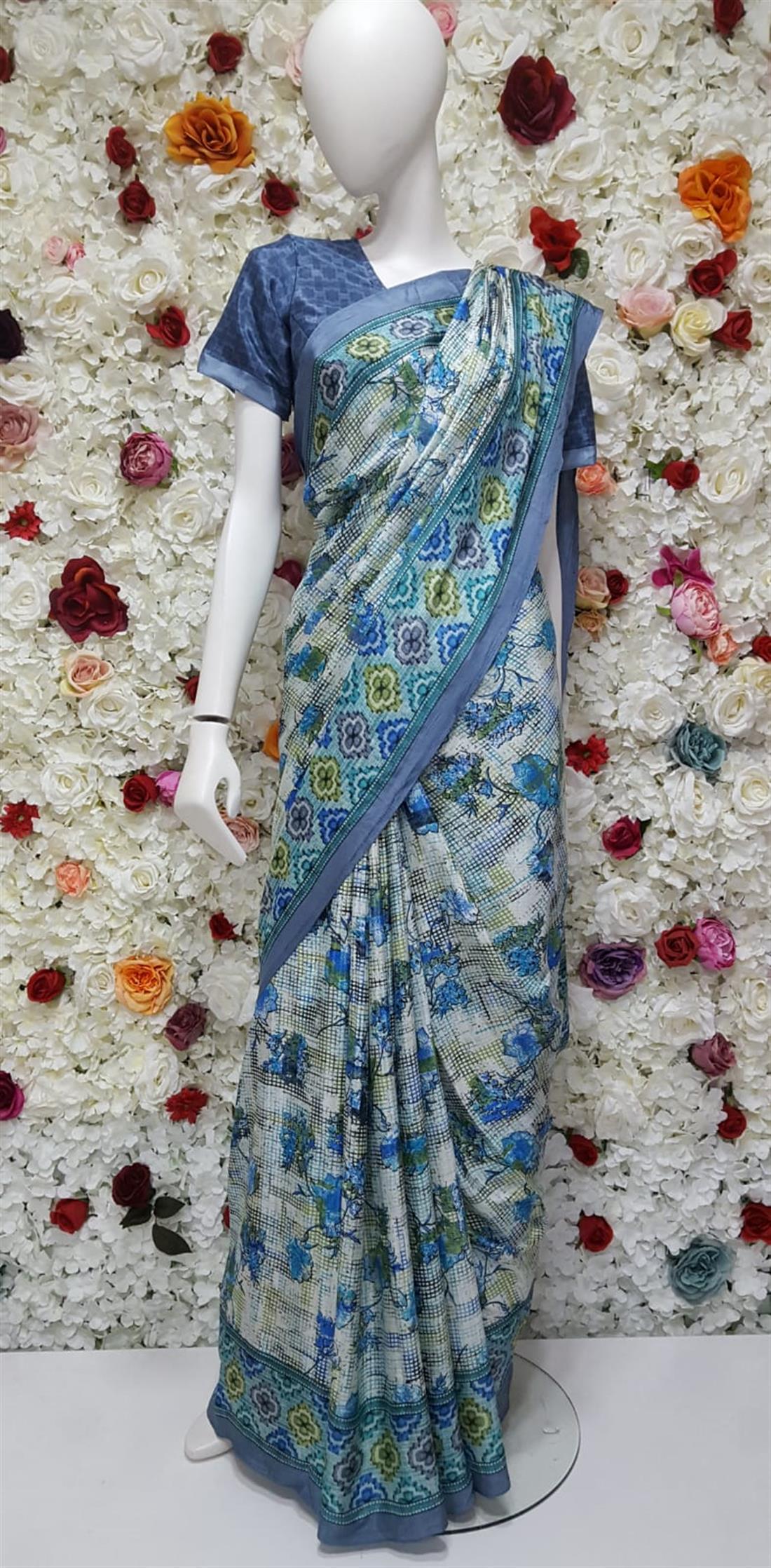 Grey & Multicolour Digital Print Silk Sarees