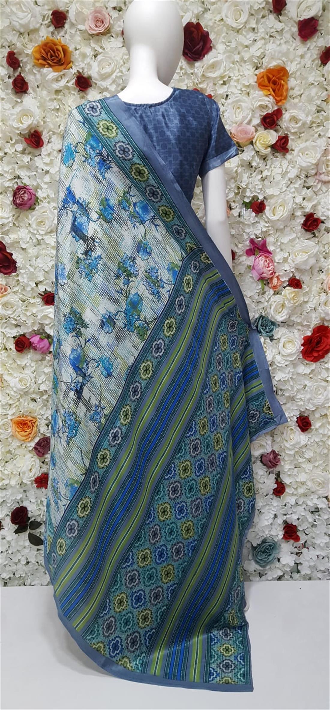 Grey & Multicolour Digital Print Silk Sarees