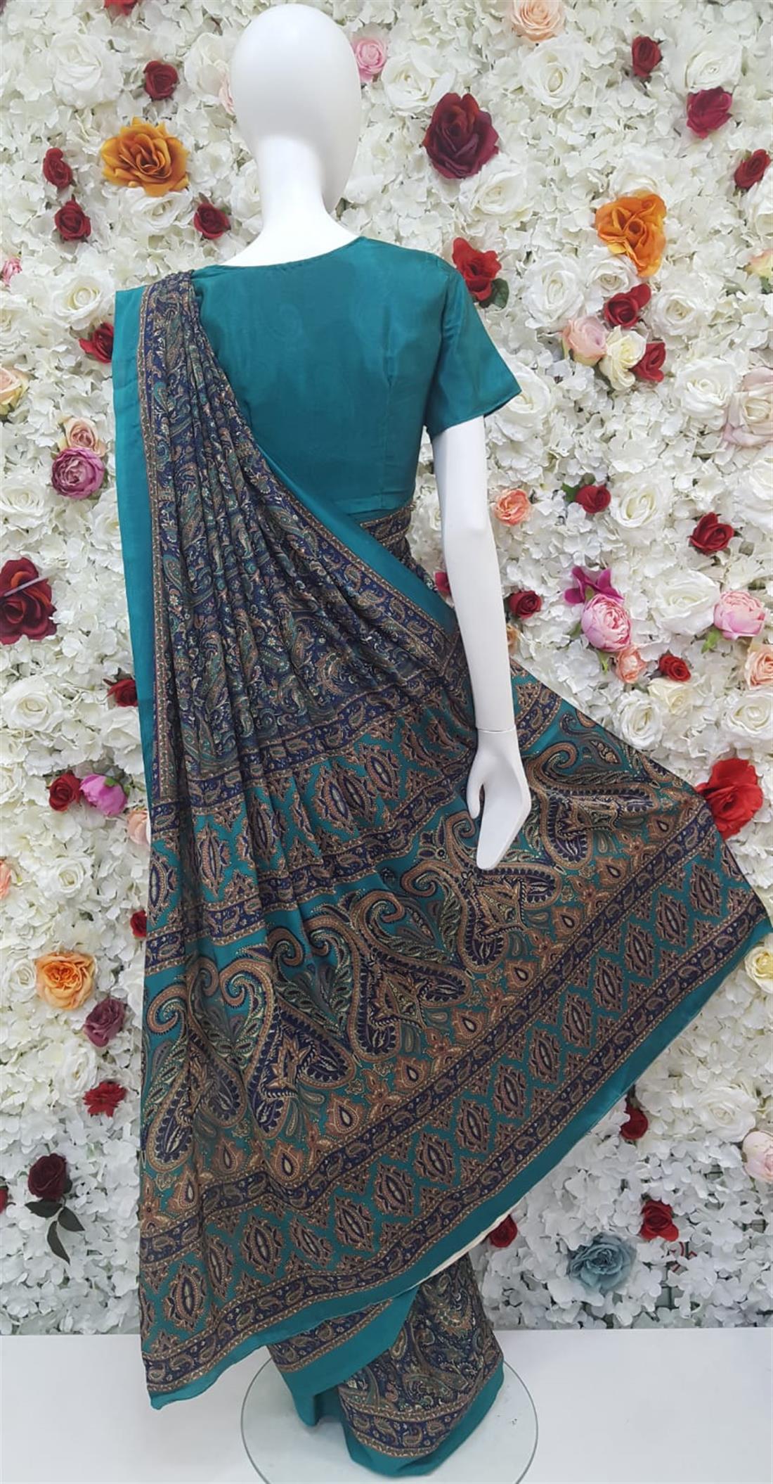 Navy & Teal Digital Print Silk Sarees