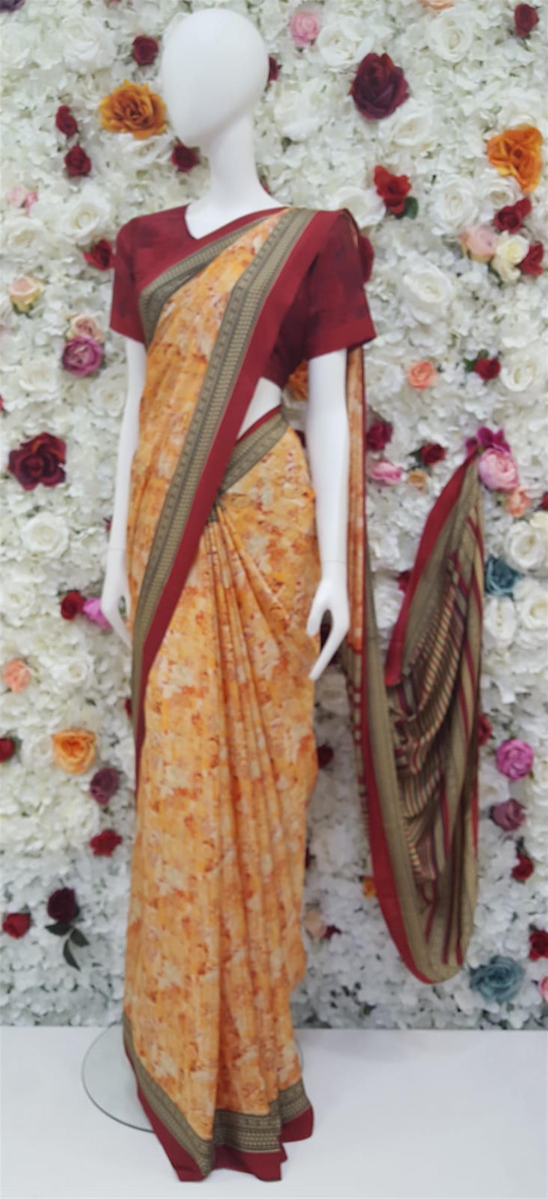 Orange & Maroon Digital Print Silk Sarees