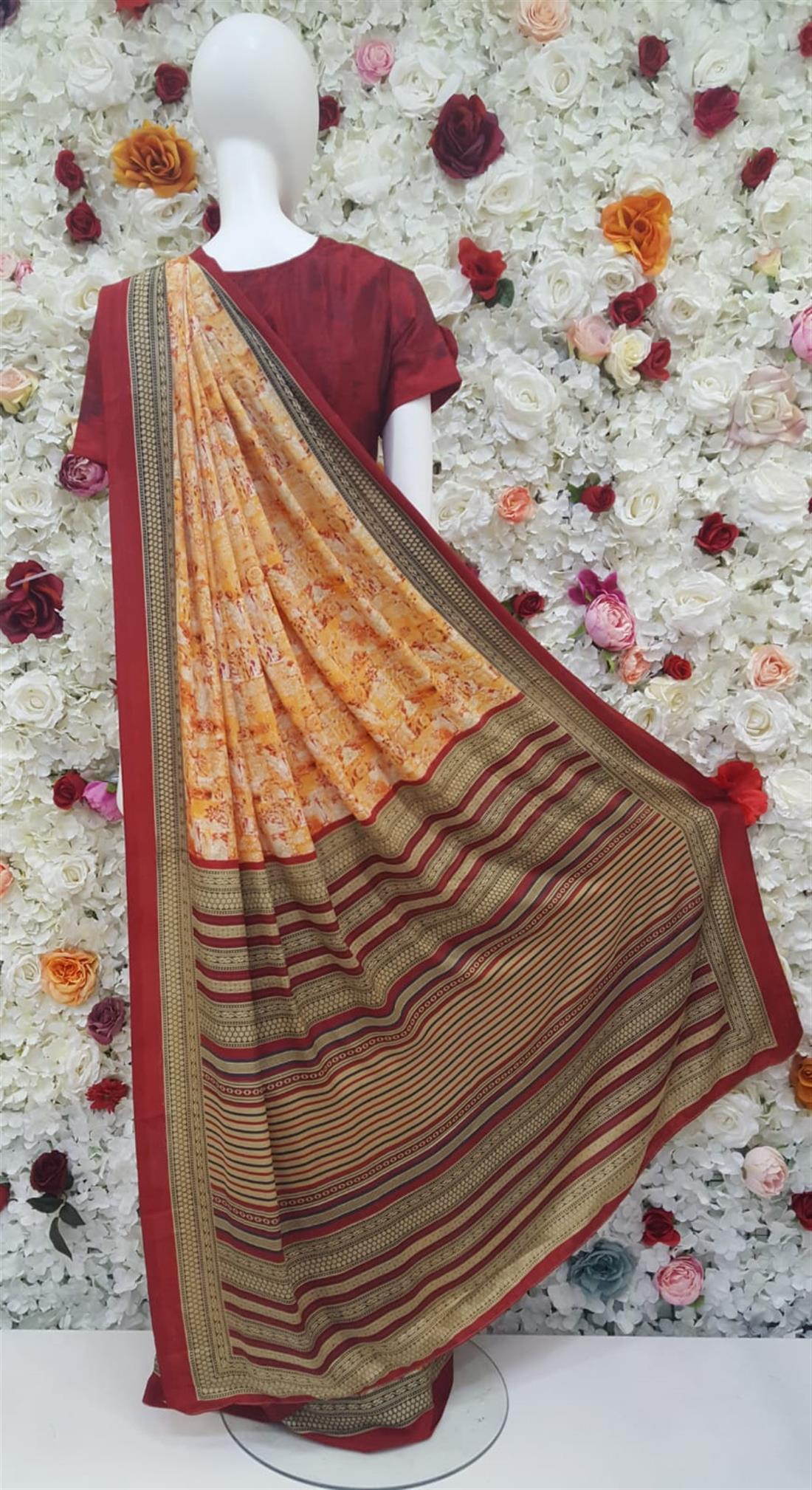 Orange & Maroon Digital Print Silk Sarees