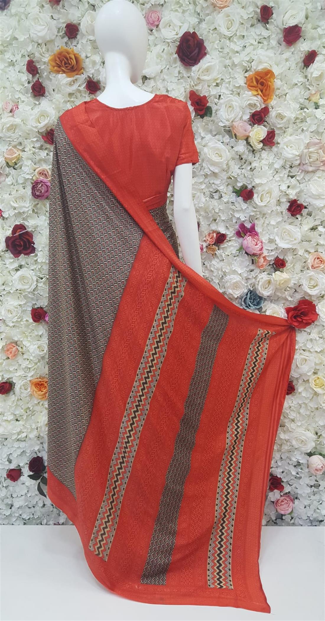 Red & Brown Digital Print Silk Sarees