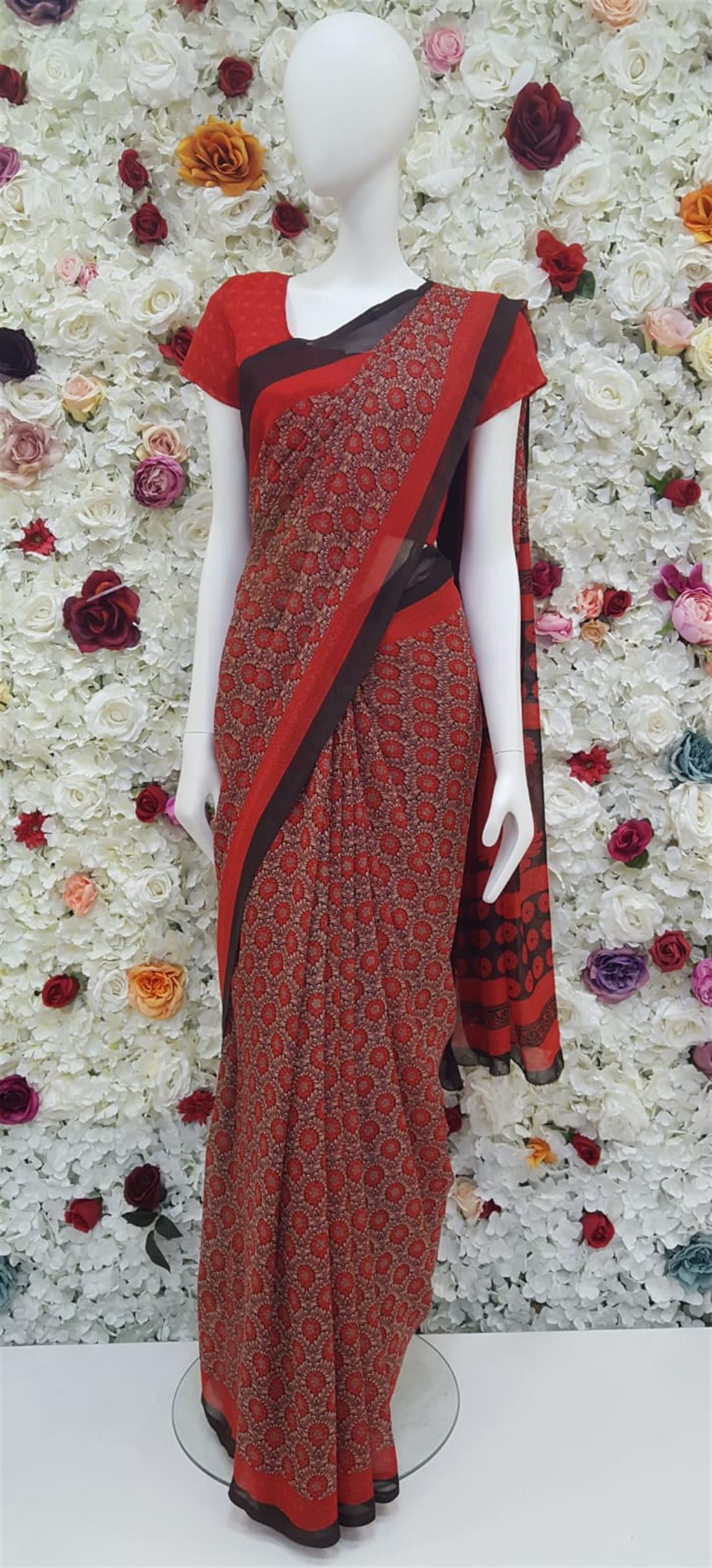 Red & Brown Digital Print Georgette Sarees