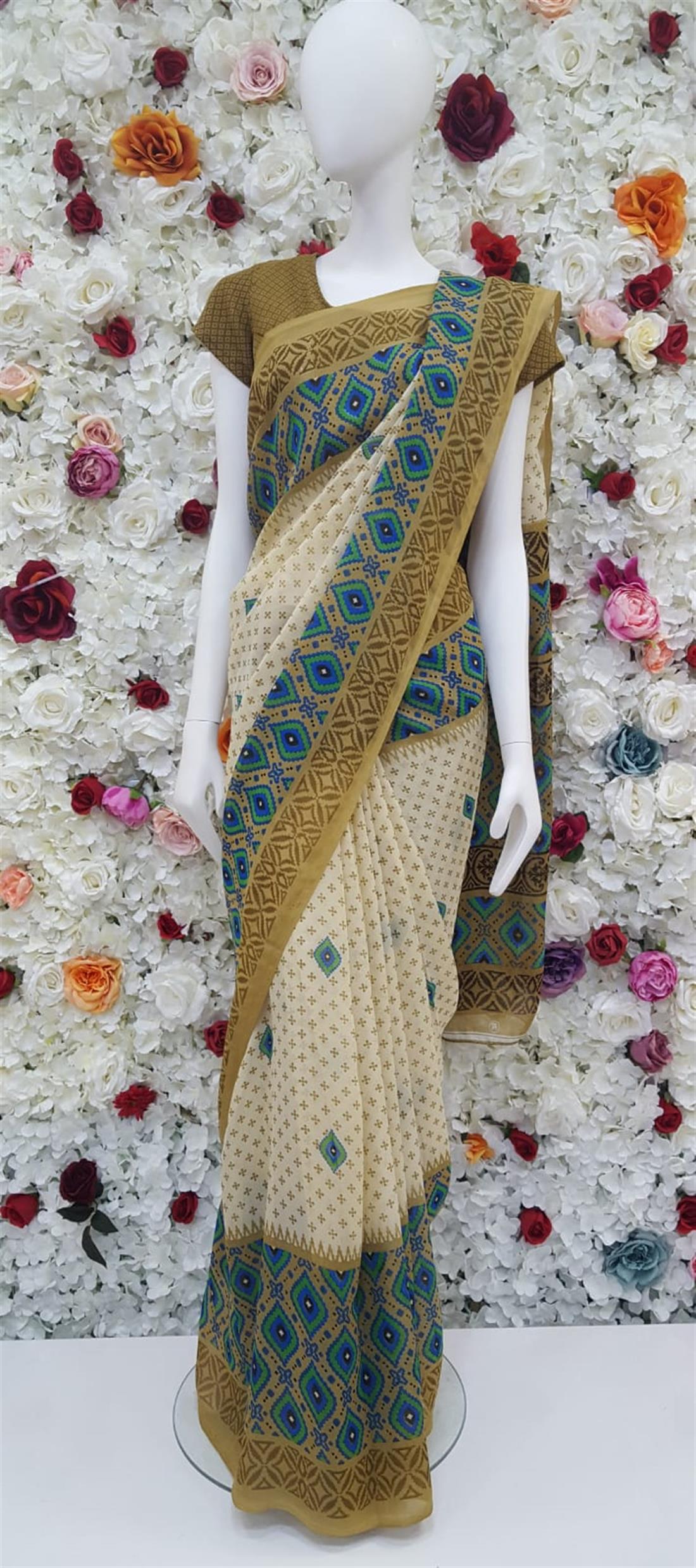 Beige & Blue Digital Print Georgette Sarees