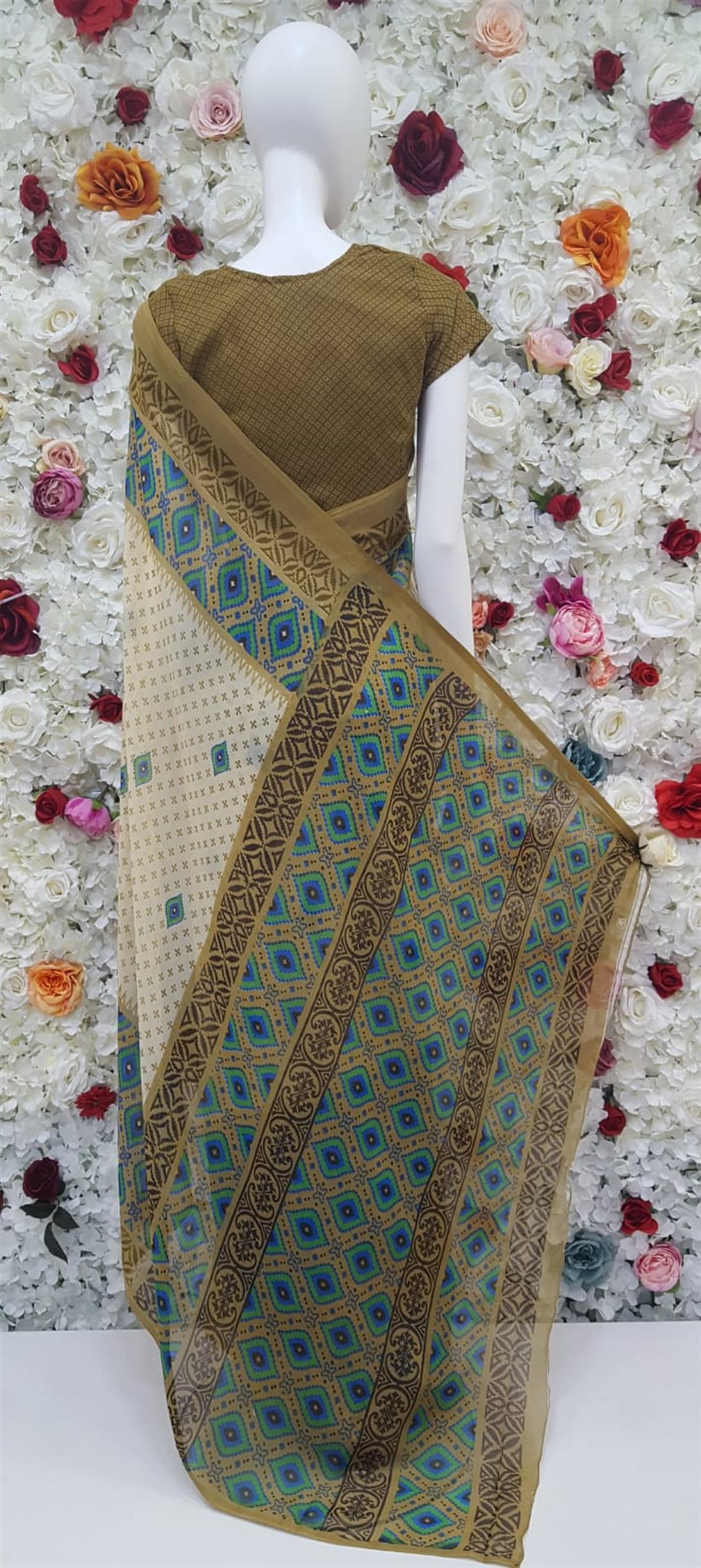 Beige & Blue Digital Print Georgette Sarees