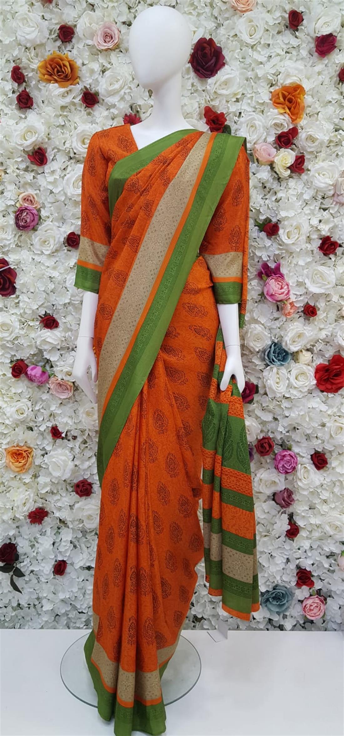 Burnt Orange & Green Digital Print Sarees