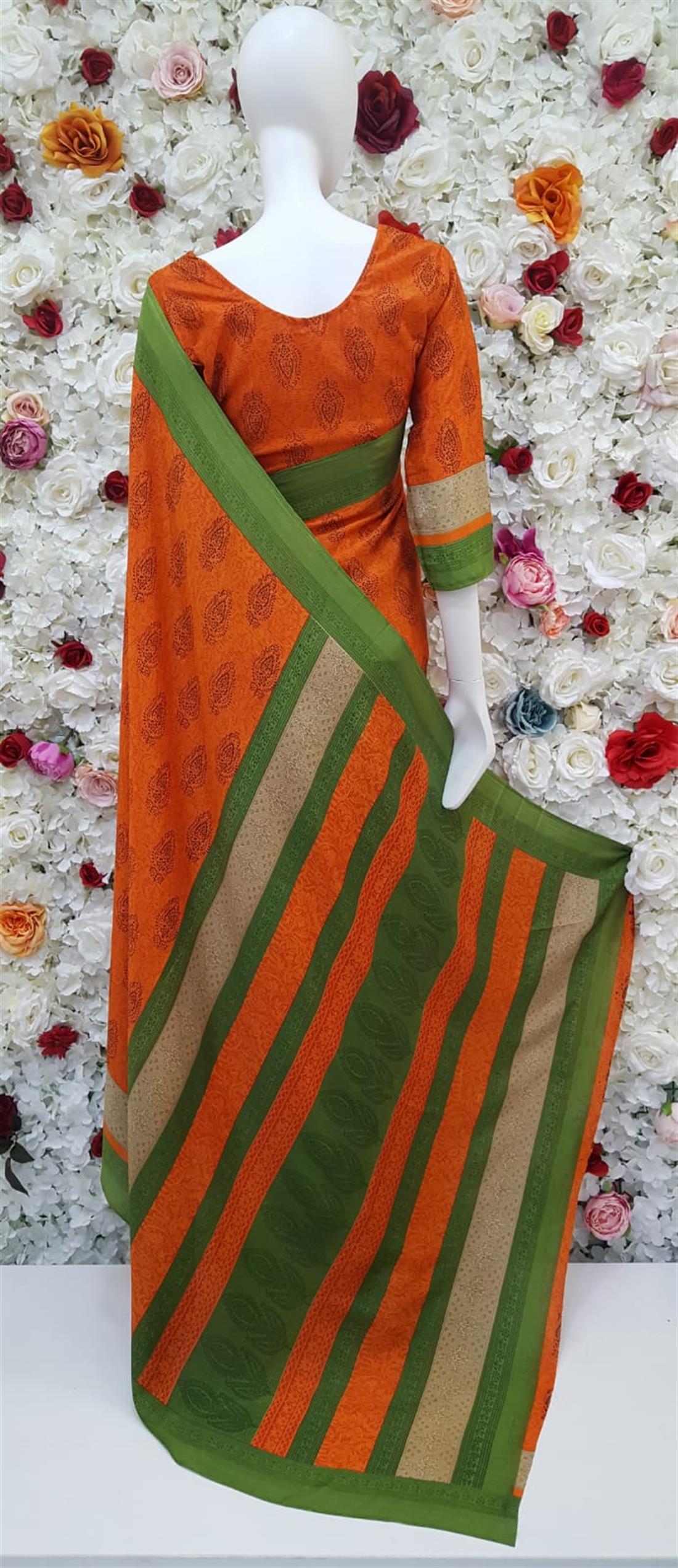 Burnt Orange & Green Digital Print Sarees