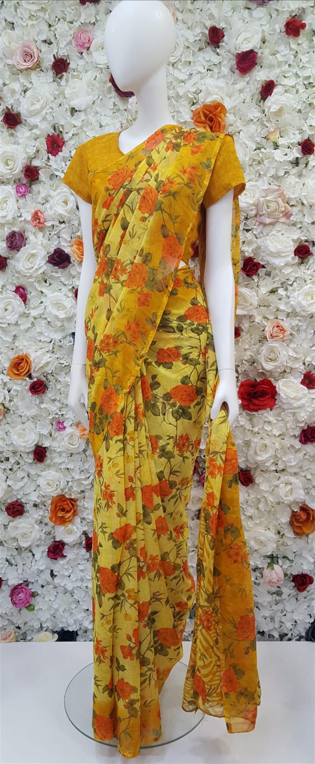 Yellow & Orange Digital Print Georgette Sarees