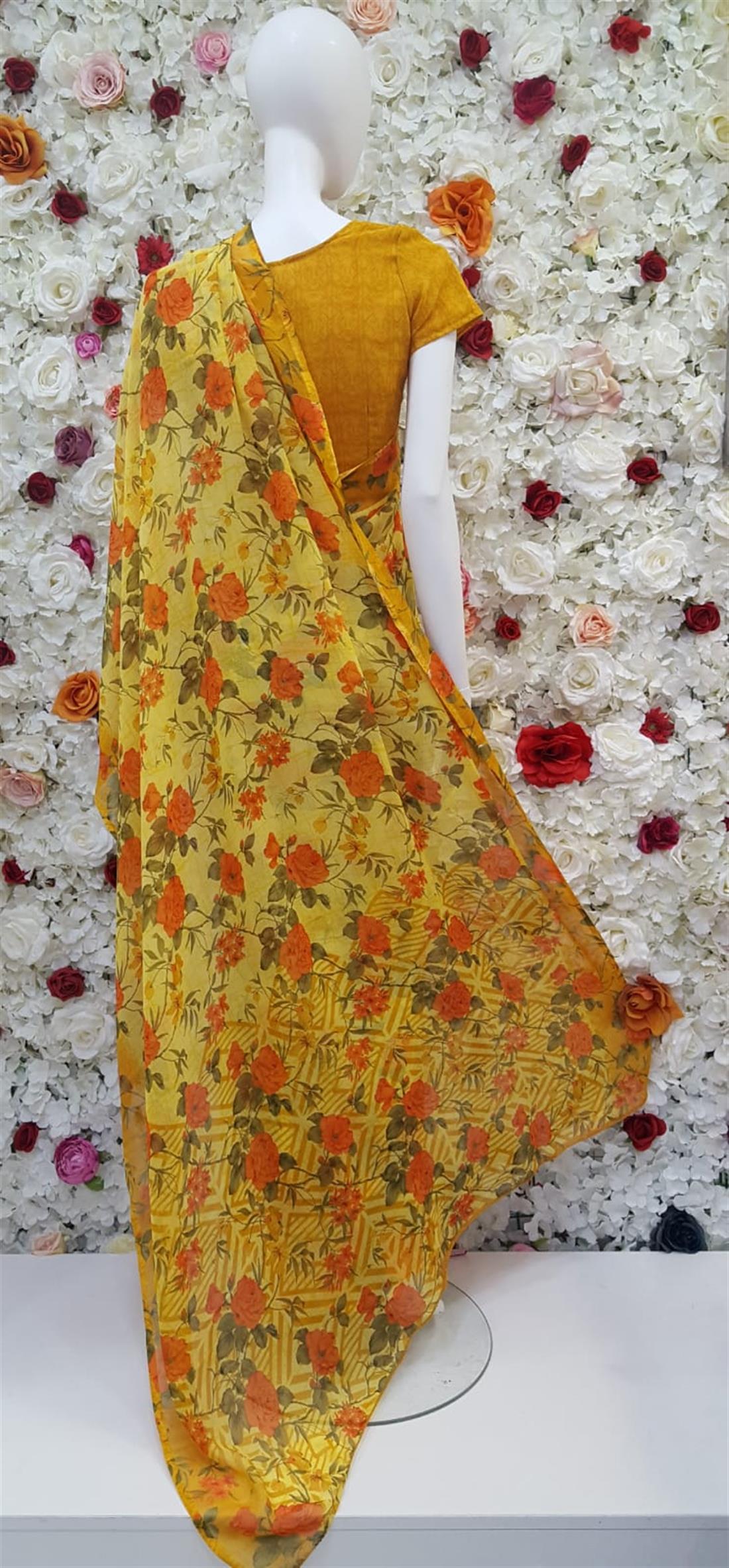 Yellow & Orange Digital Print Georgette Sarees