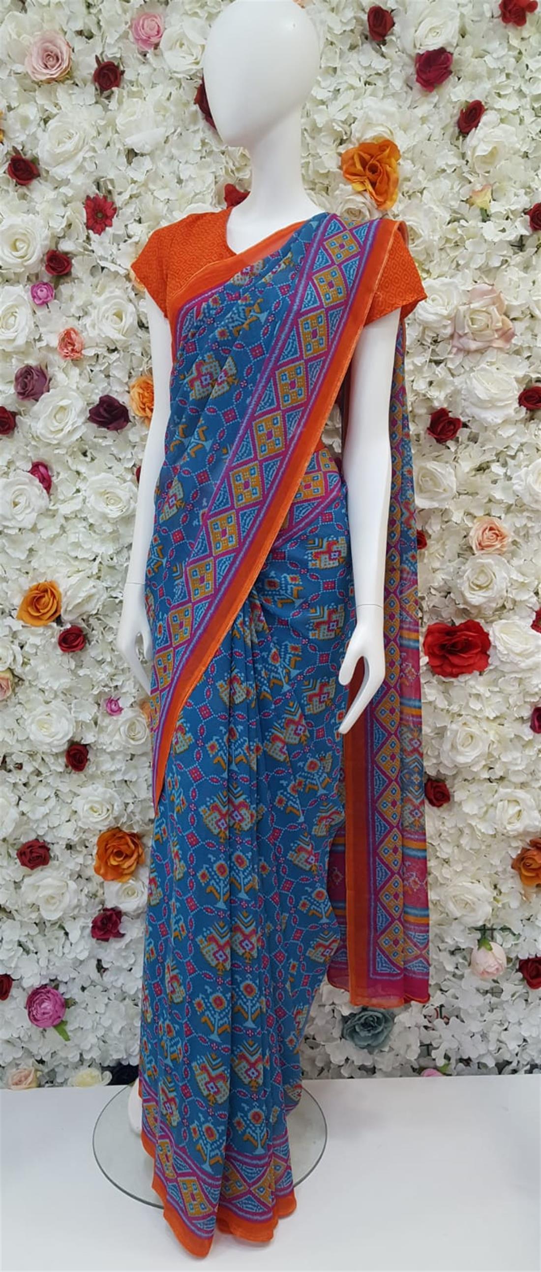 Blue & Orange Digital Print Georgette Sarees
