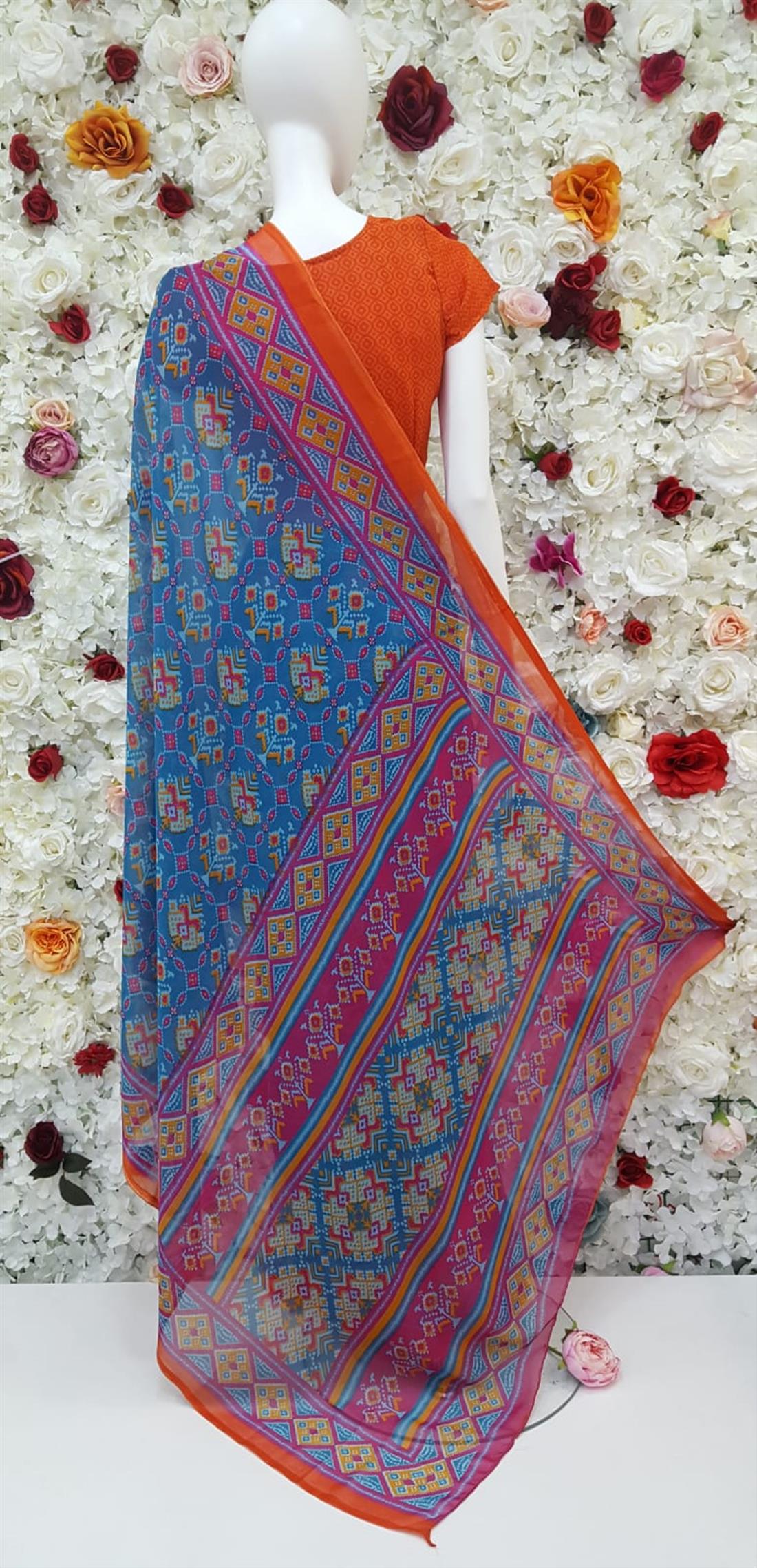 Blue & Orange Digital Print Georgette Sarees