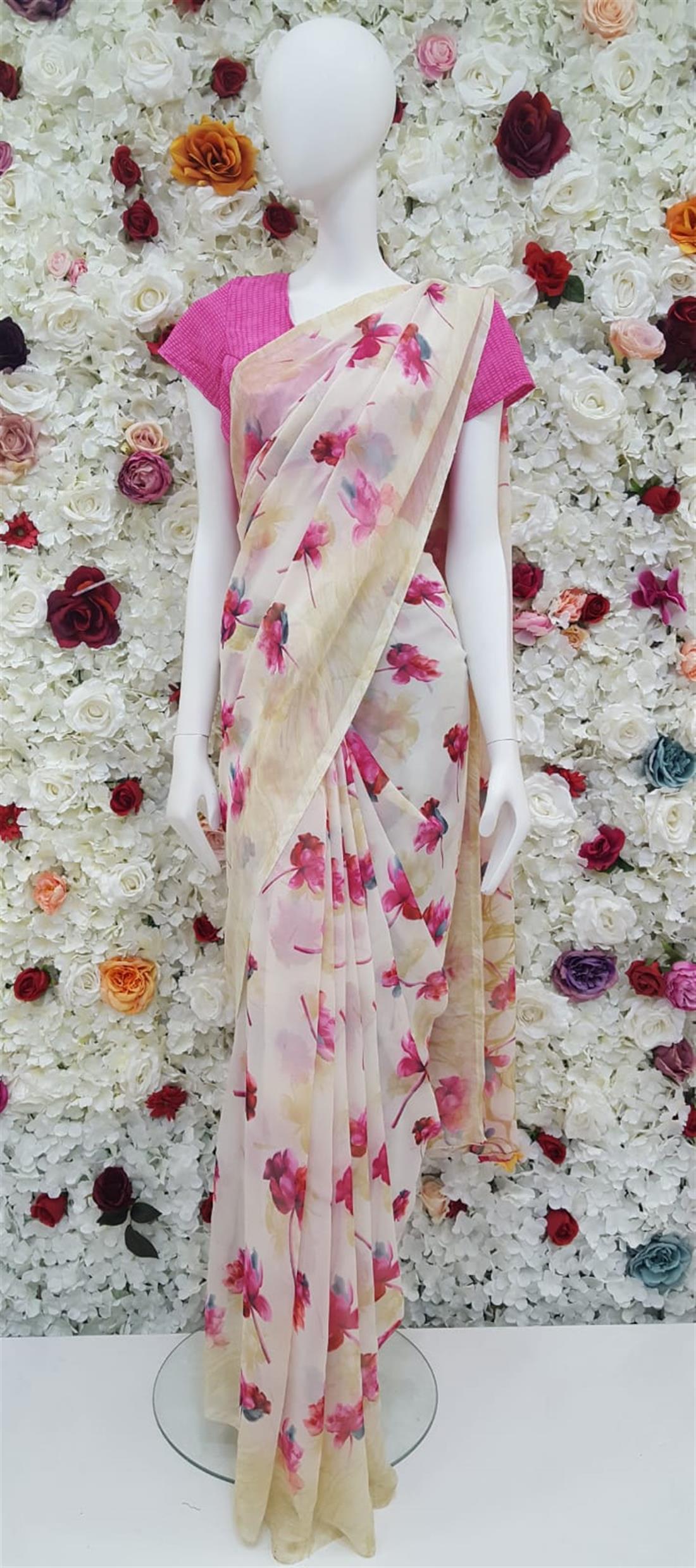 Cream & Pink Printed Georgette Sarees
