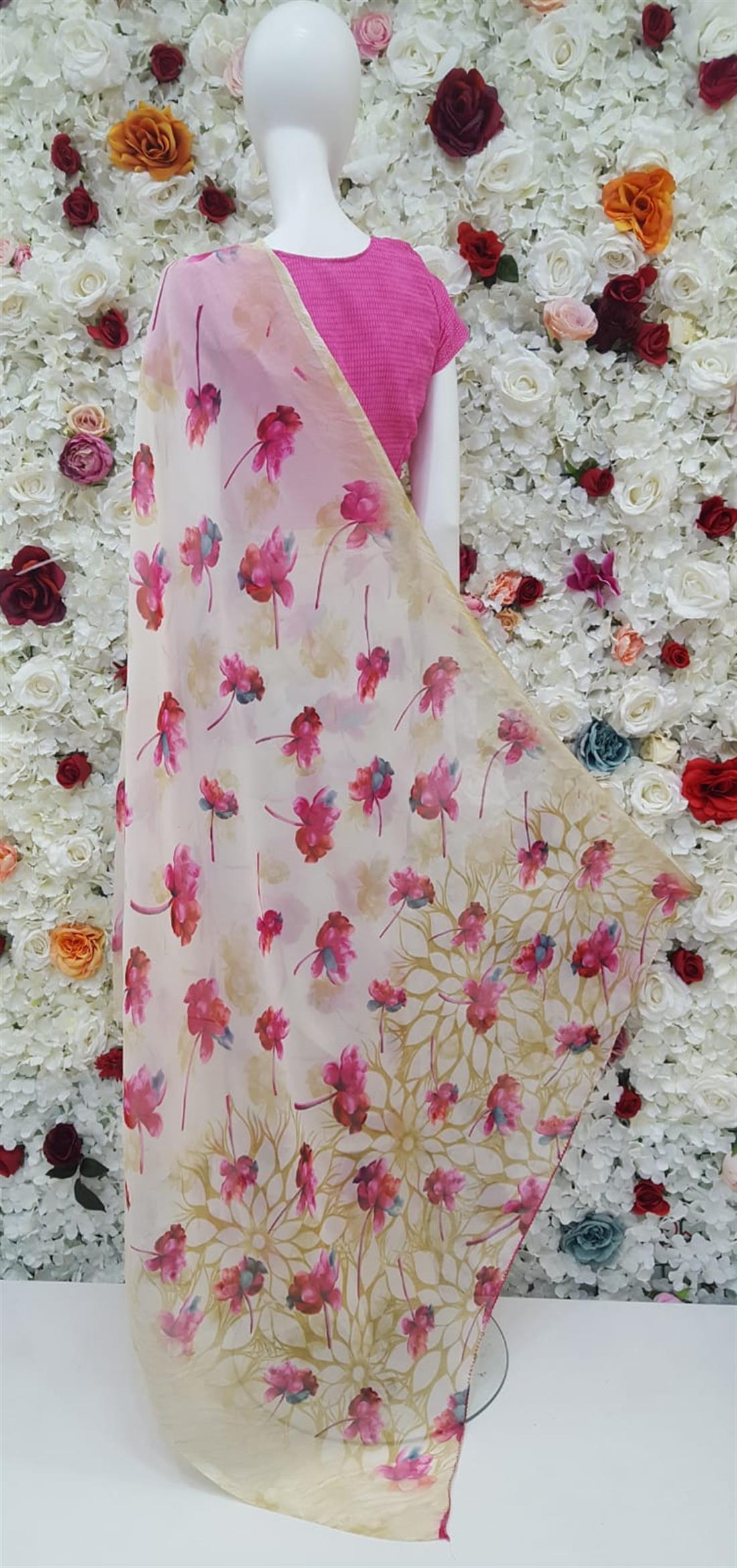 Cream & Pink Printed Georgette Sarees