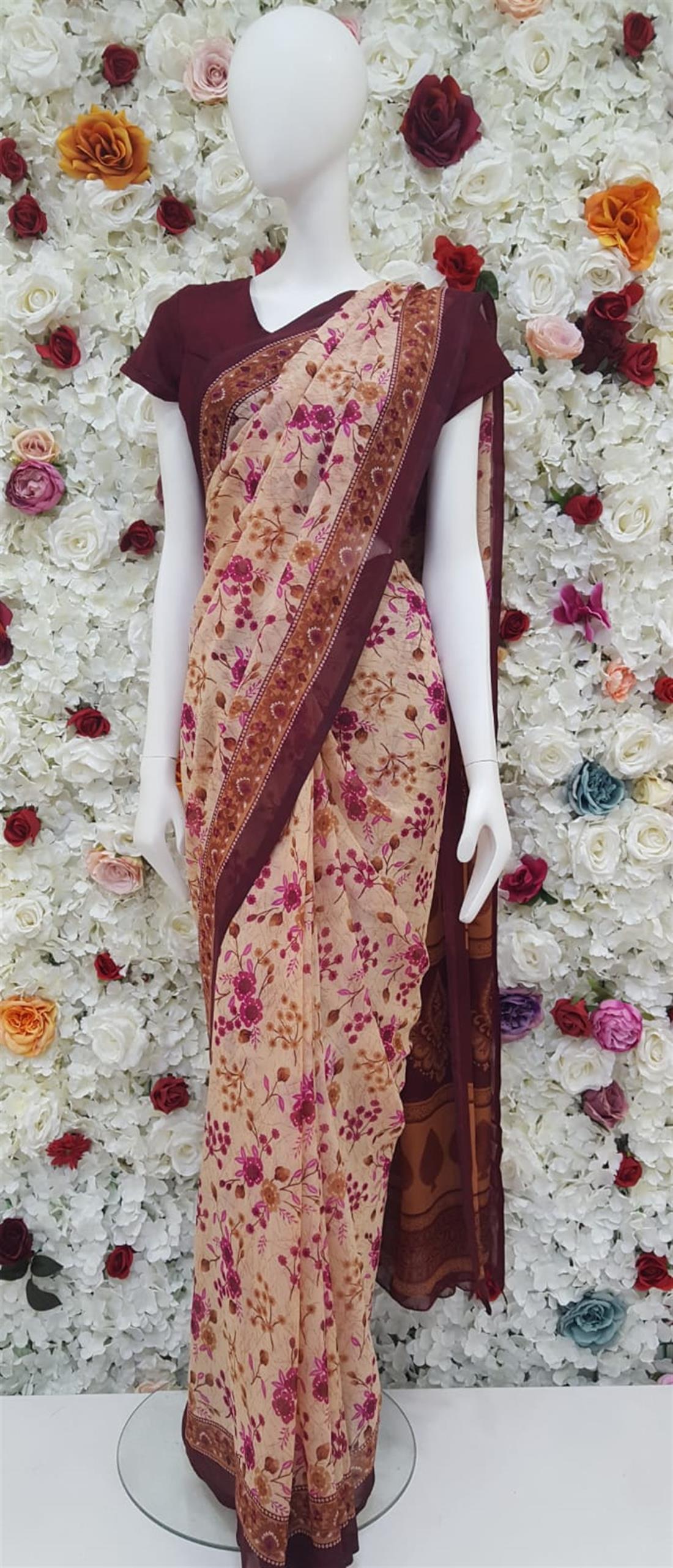 Light Peach & Plum Digital Print Georgette Sarees