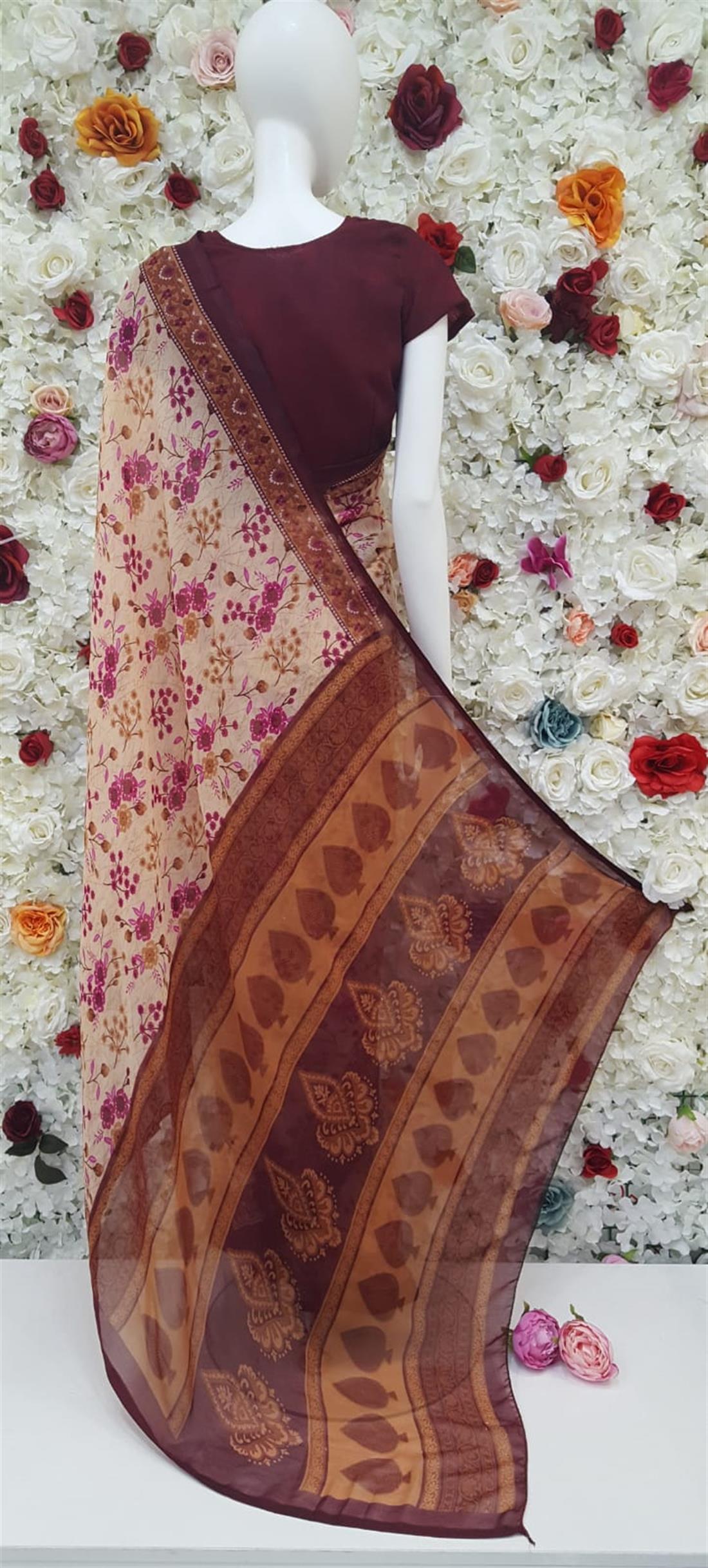 Light Peach & Plum Digital Print Georgette Sarees