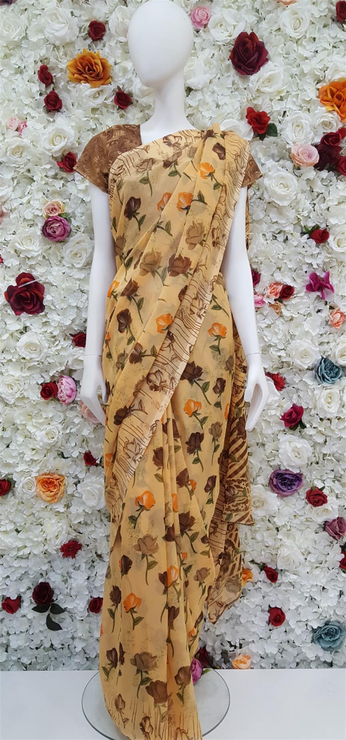 Peach & Brown Printed Georgette Sarees