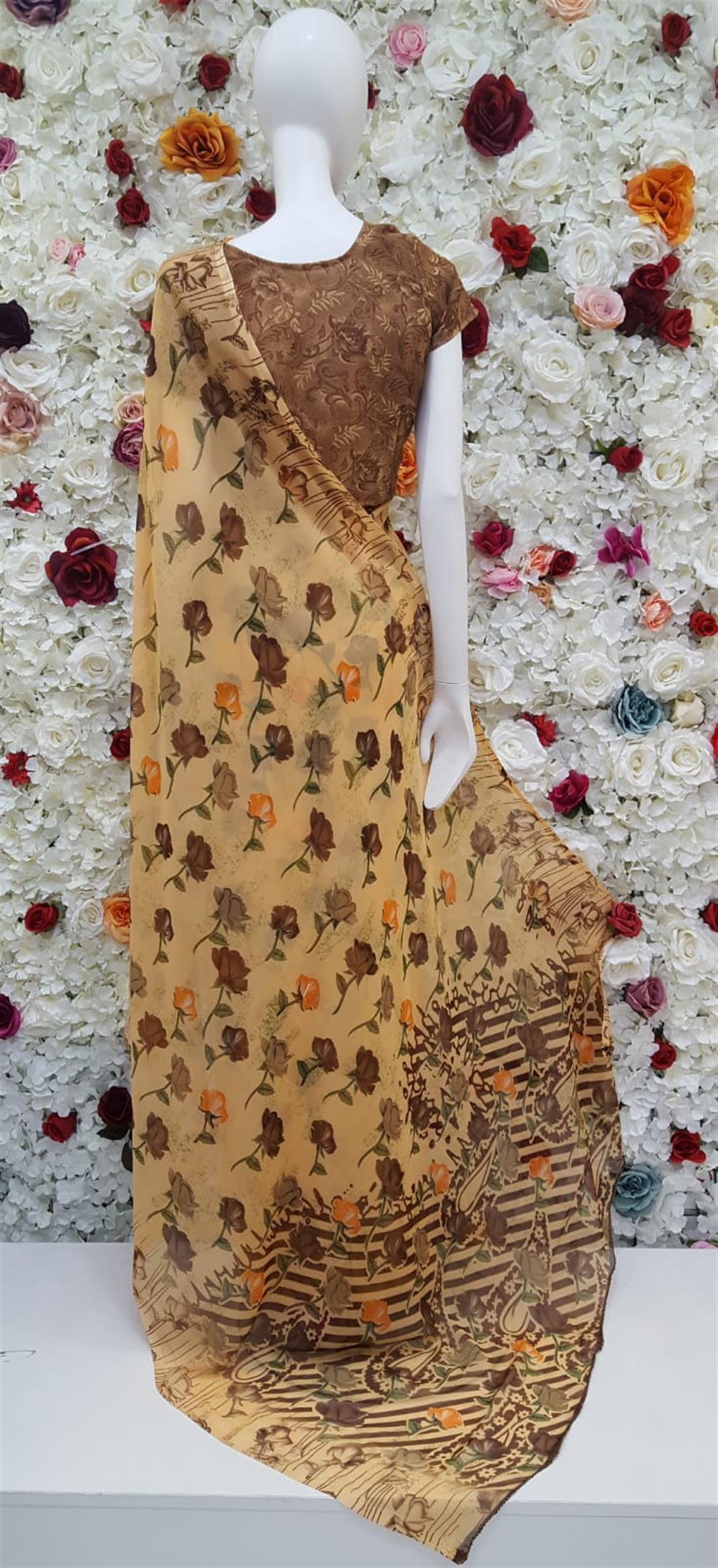 Peach & Brown Printed Georgette Sarees