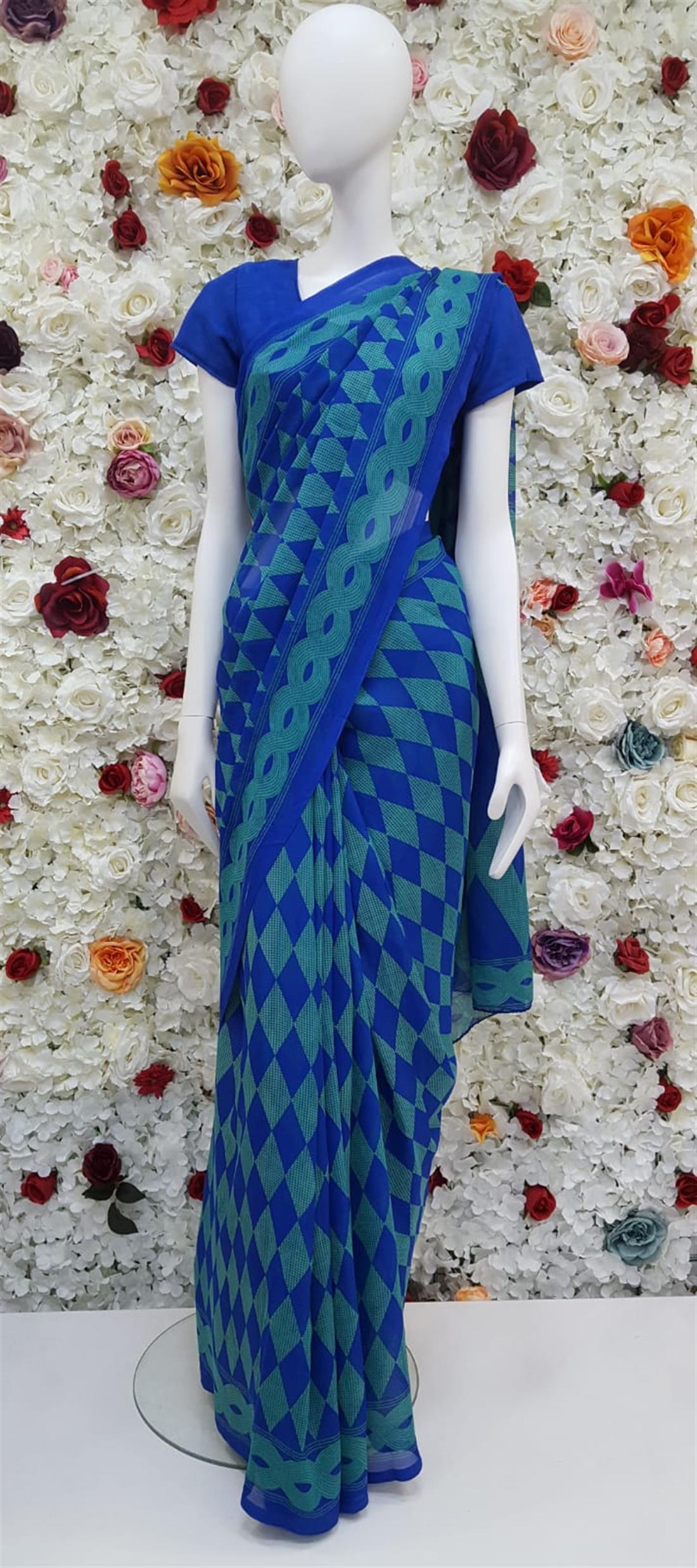 Royel Blue & Teal Digital Print Georgette Sarees