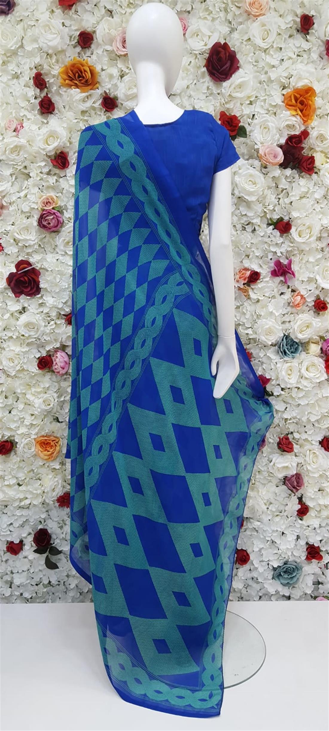 Royel Blue & Teal Digital Print Georgette Sarees