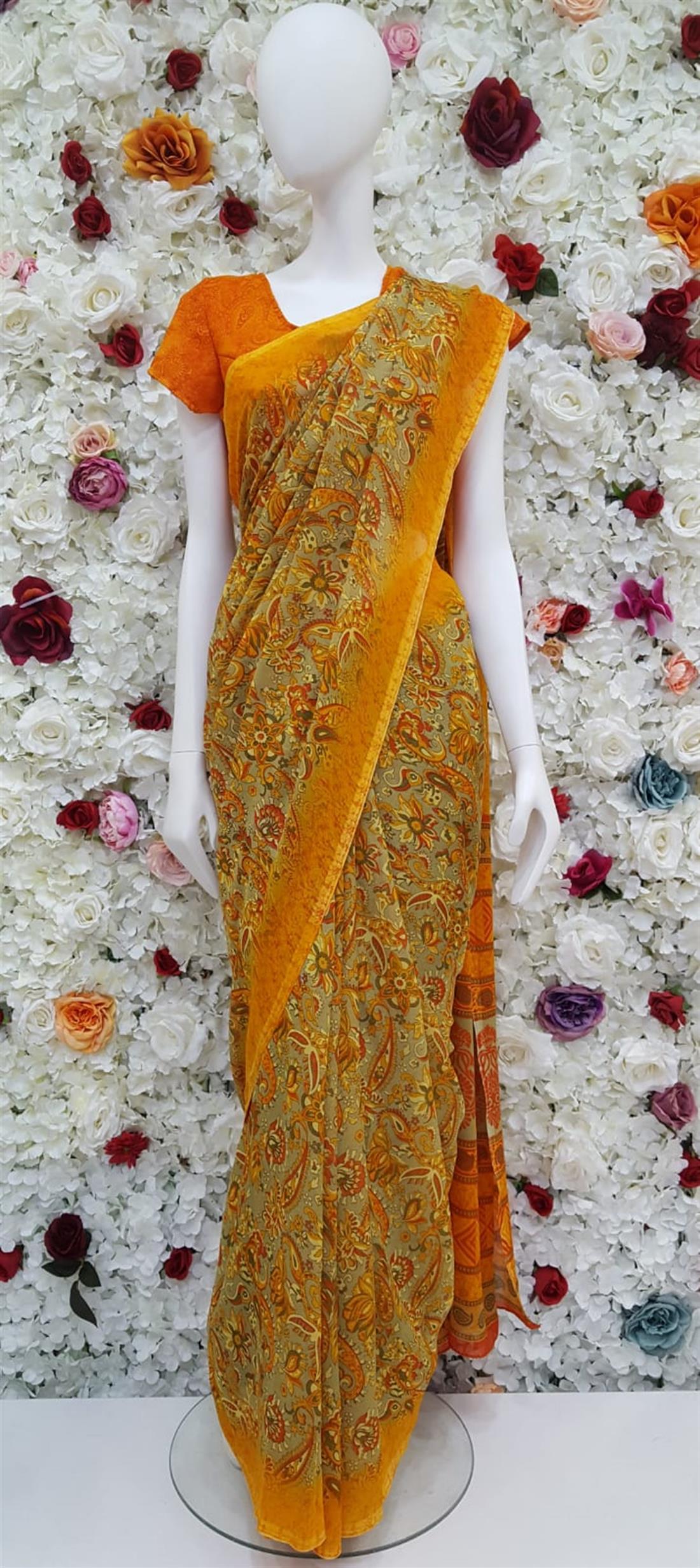 Orange & Yellow Digital Print Georgette Sarees