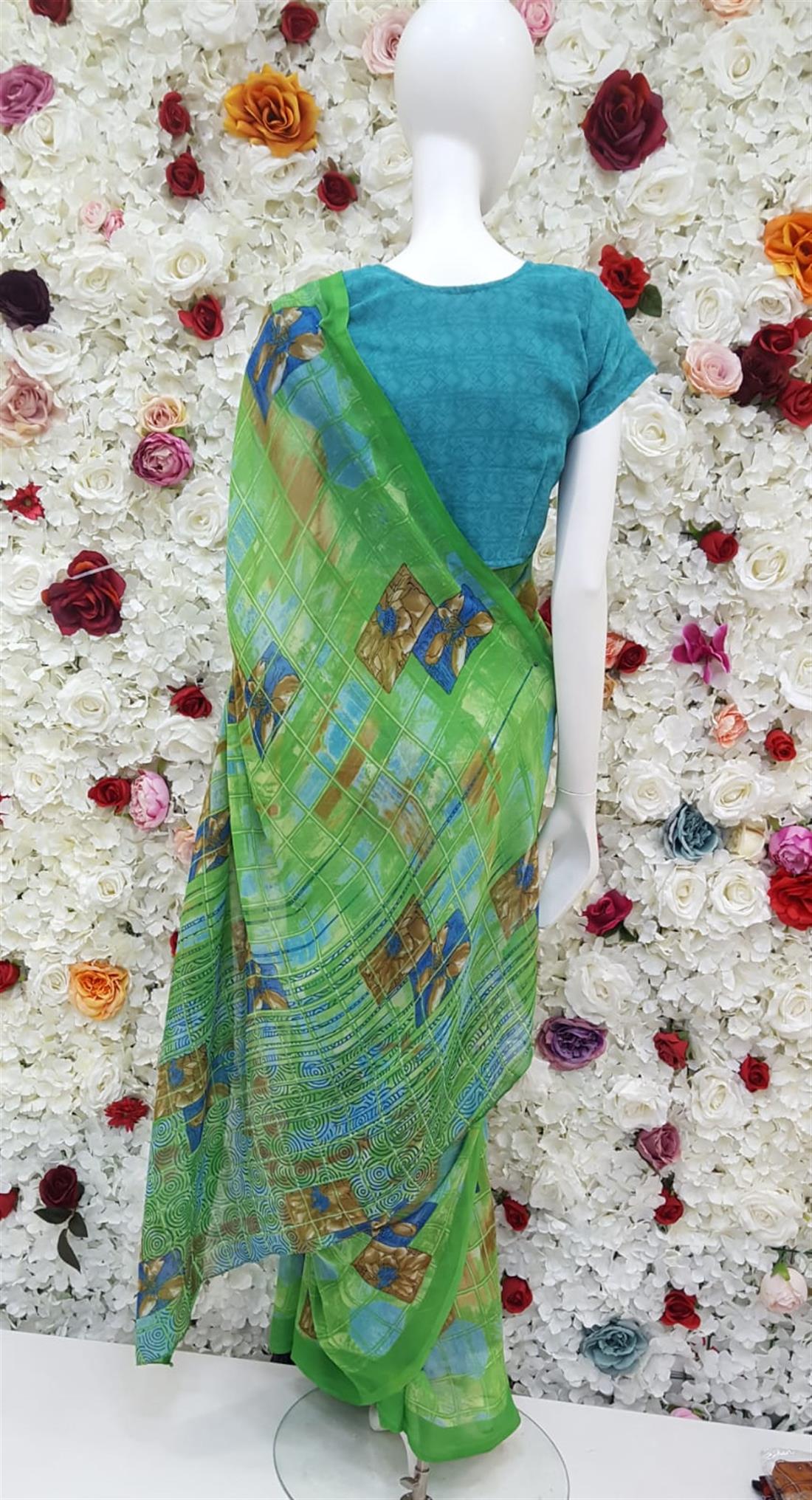 Green Digital Print Georgette Sarees