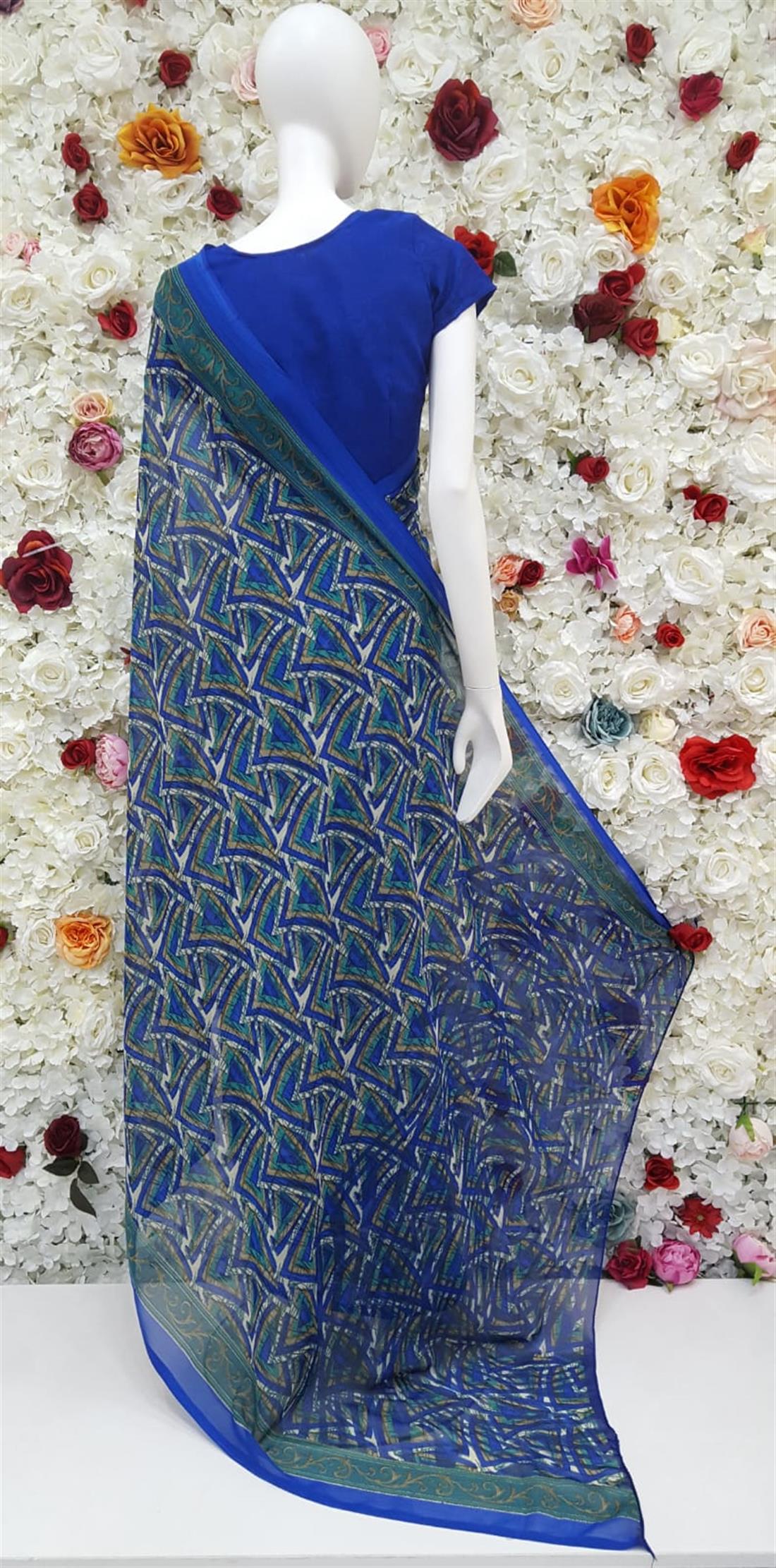 Royel Blue & Teal Printed Georgette Sarees