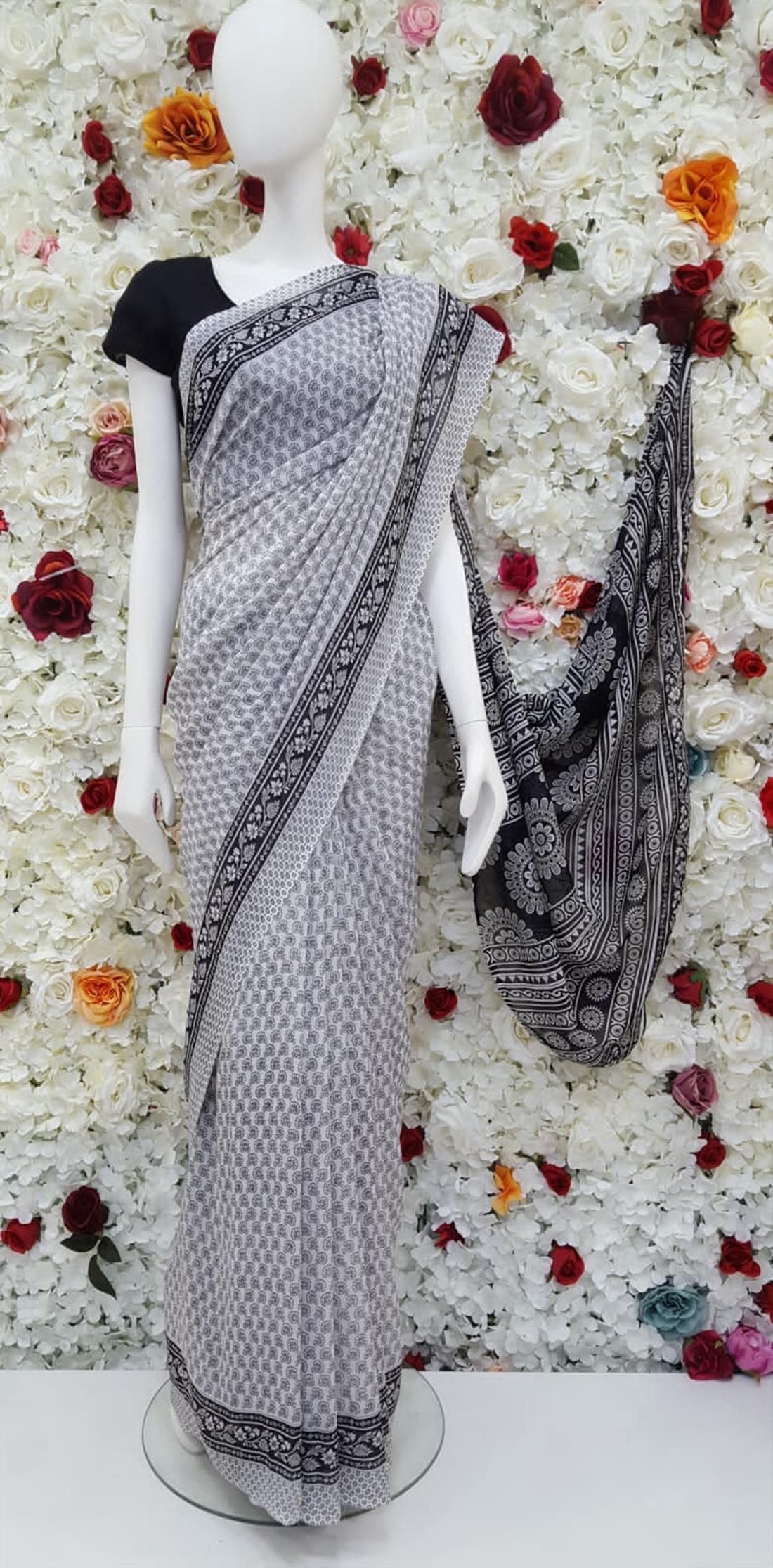 White & Black Digital Print Georgette Sarees