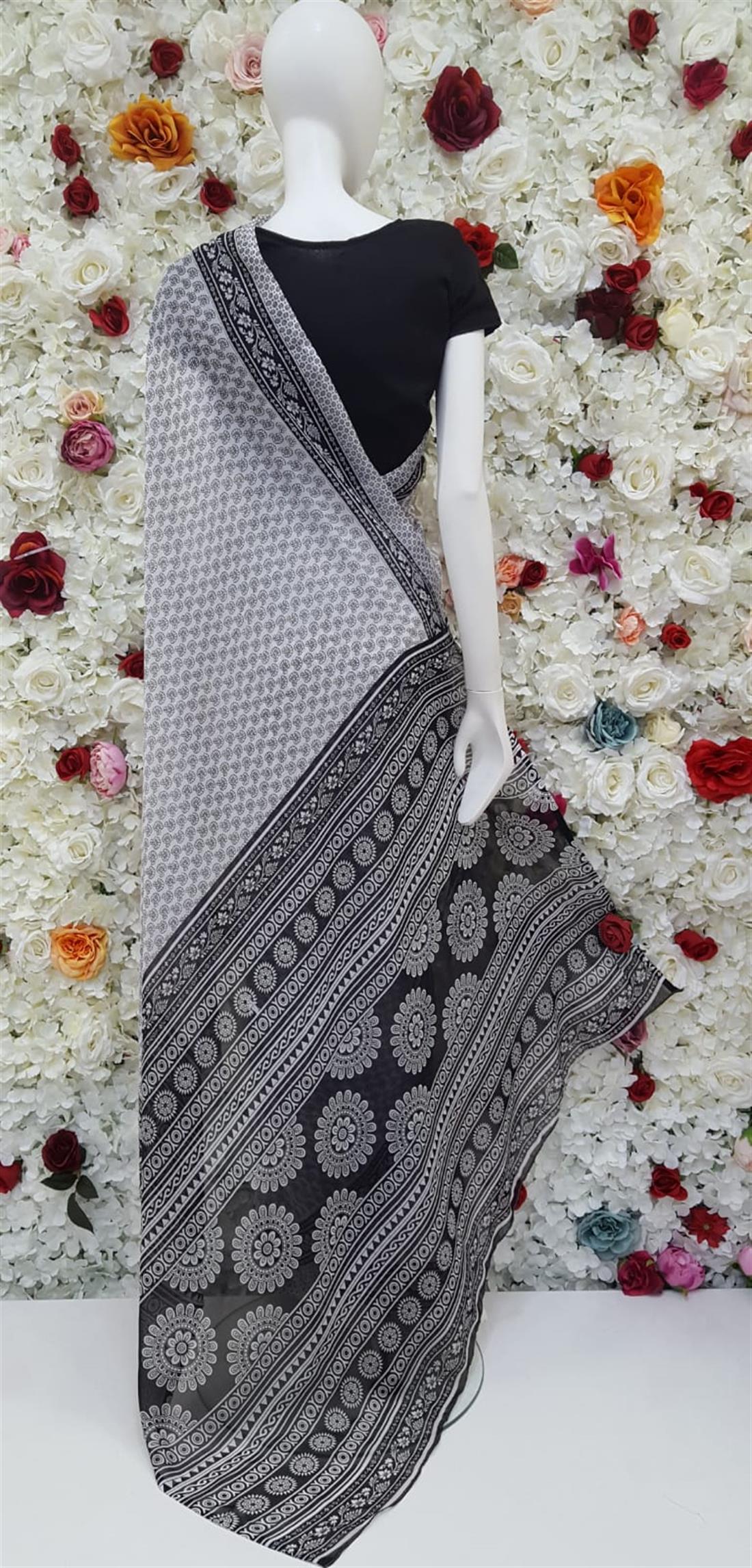 White & Black Digital Print Georgette Sarees