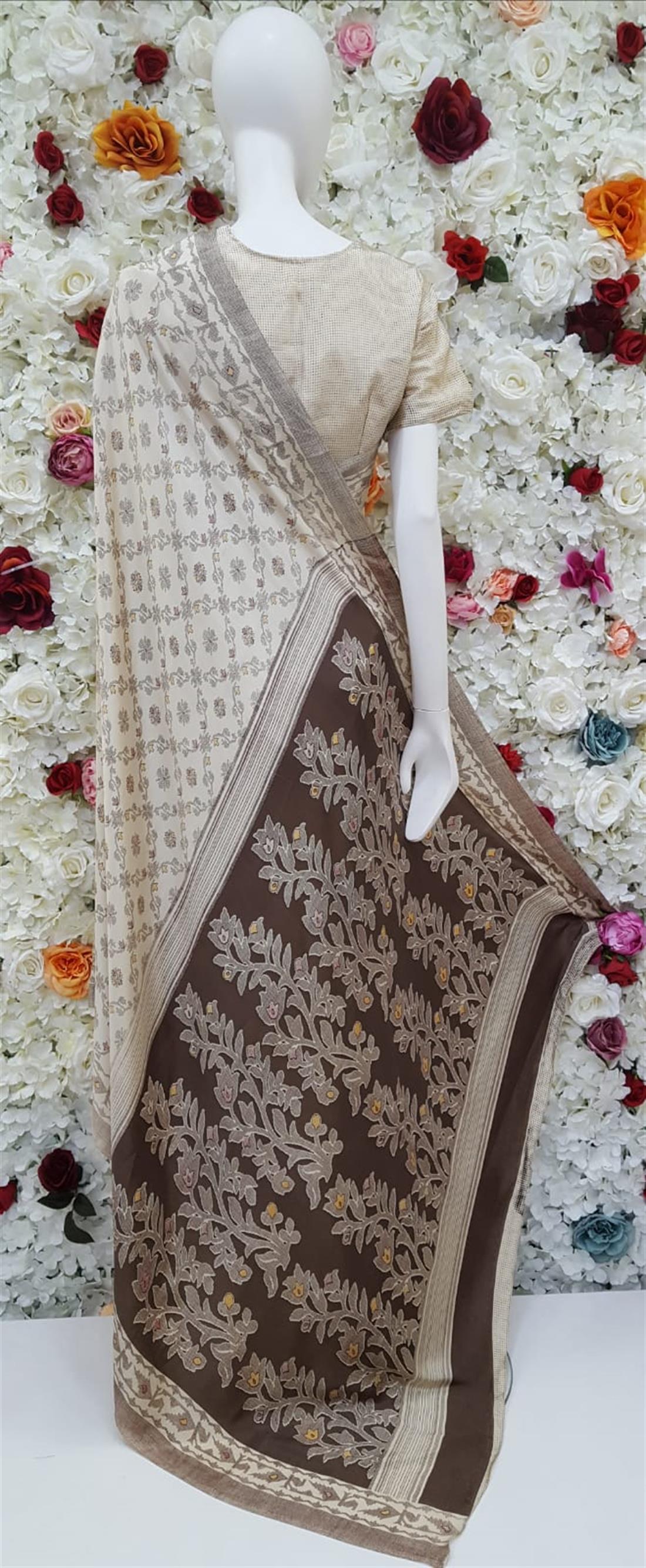 Cream & Brown Digital Print Silk Sarees