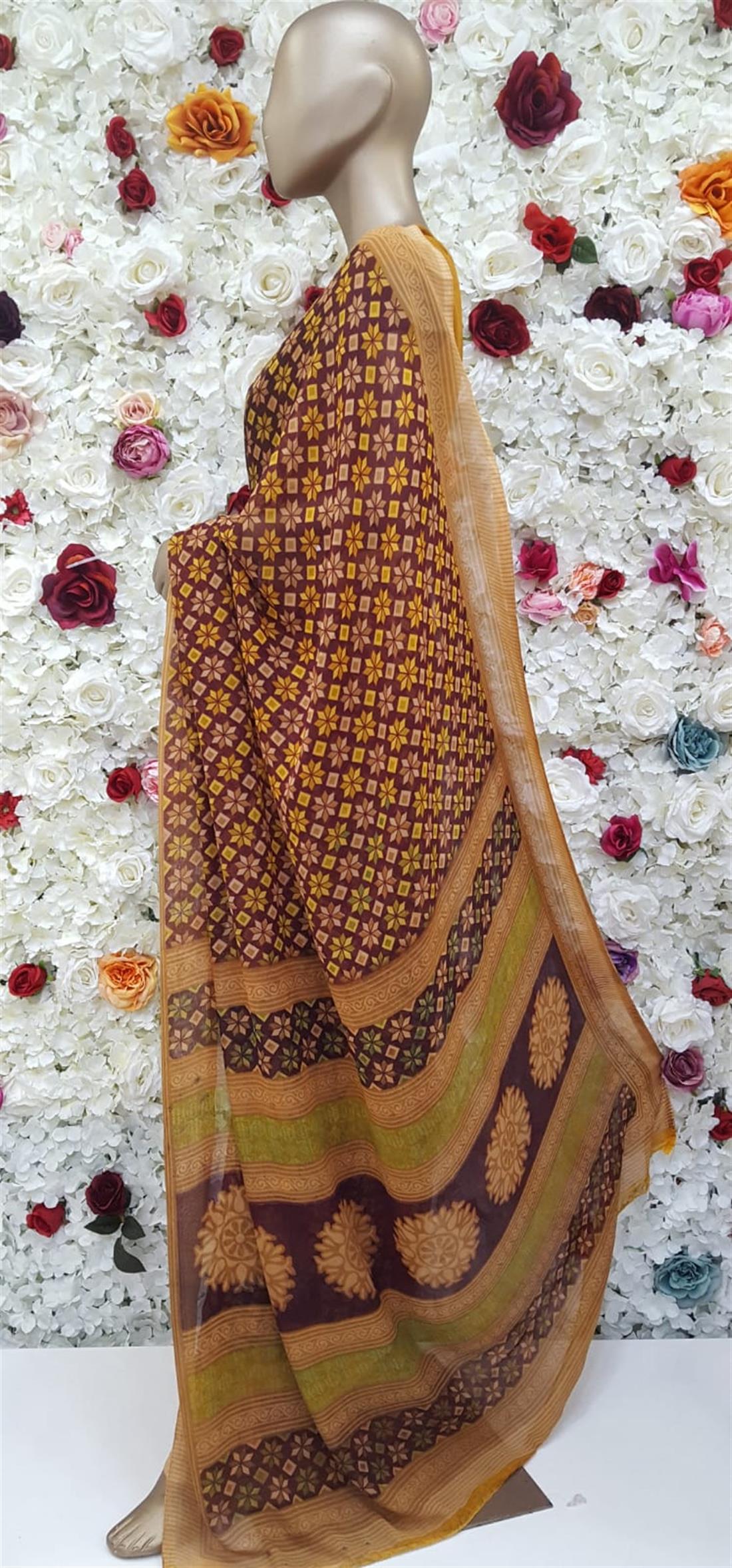 Maroon & Mustard Printed Georgette Sarees