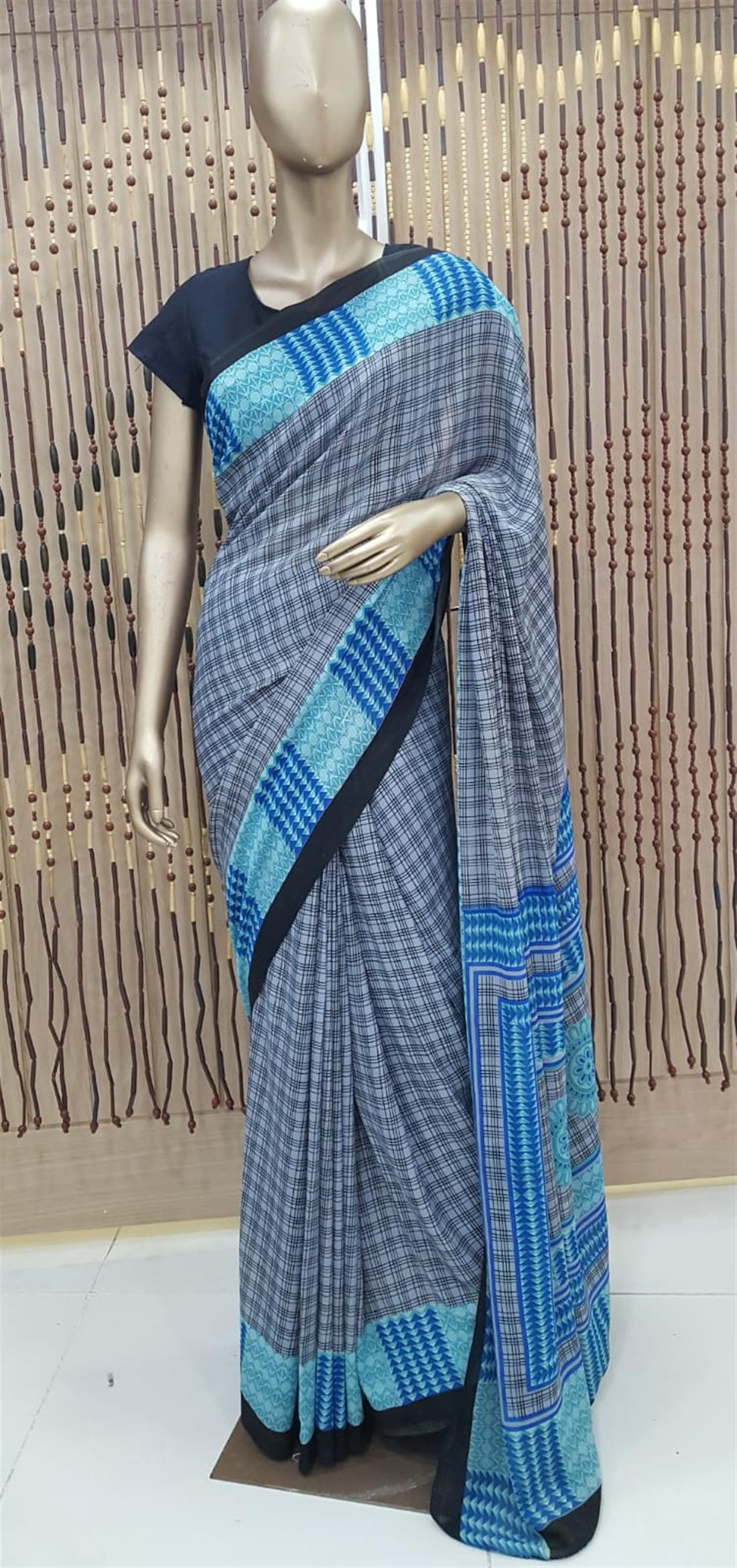 Grey & Blue Printed Georgette Sarees