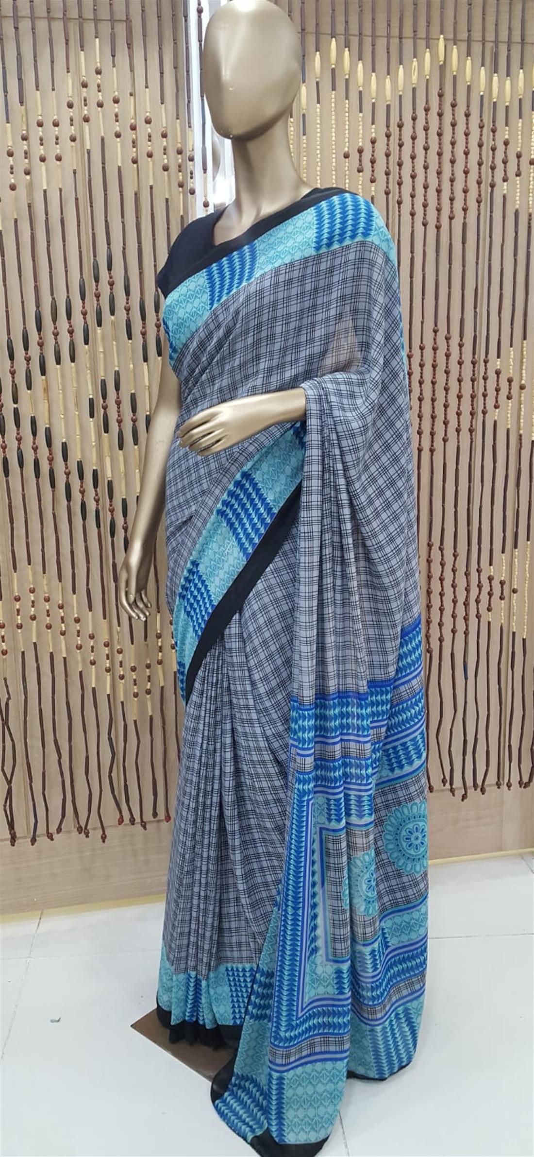 Grey & Blue Printed Georgette Sarees